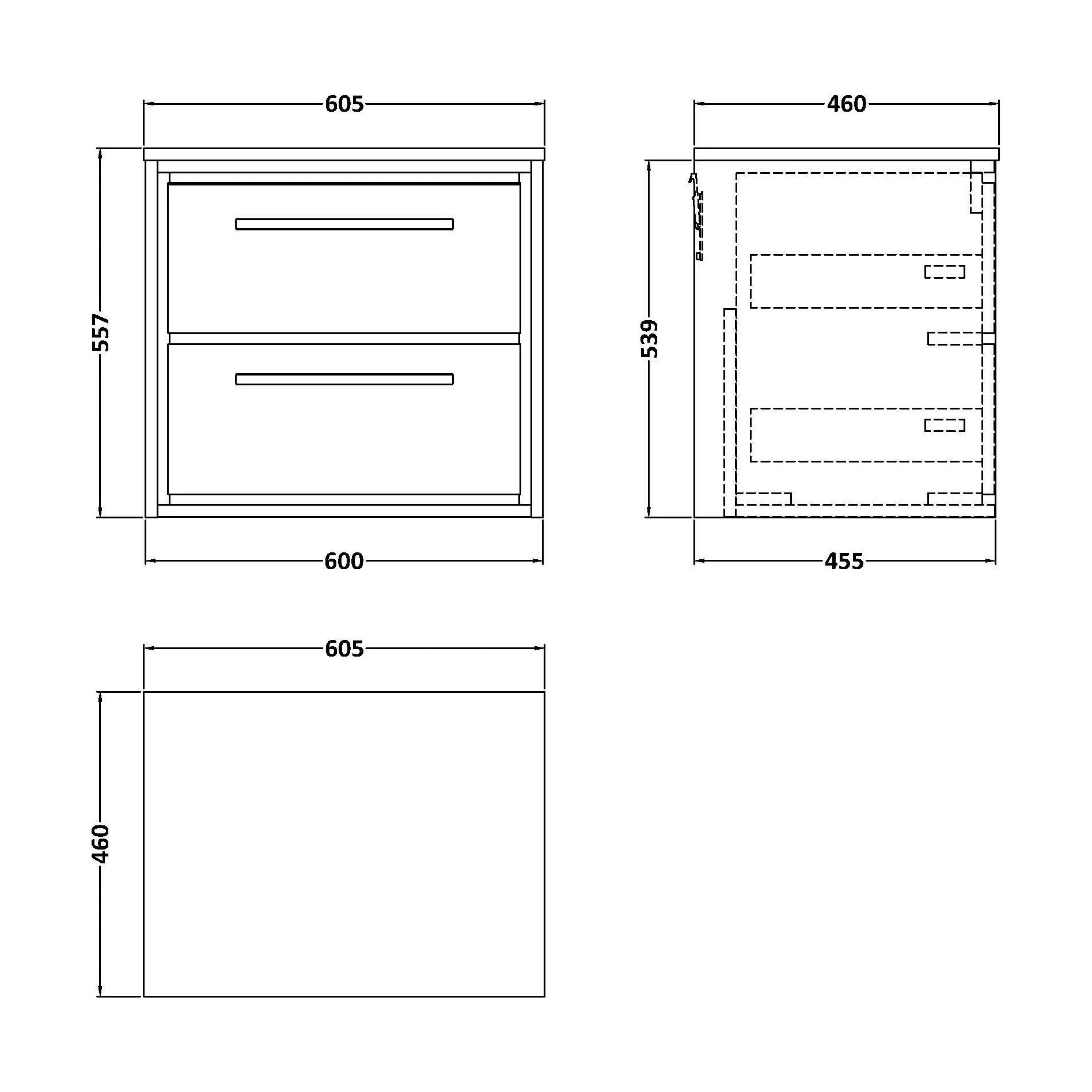 Balterley 600mm Framed Design Wall Hung 2 Drawer Vanity with Worktop - Pebble Grey - Image 3