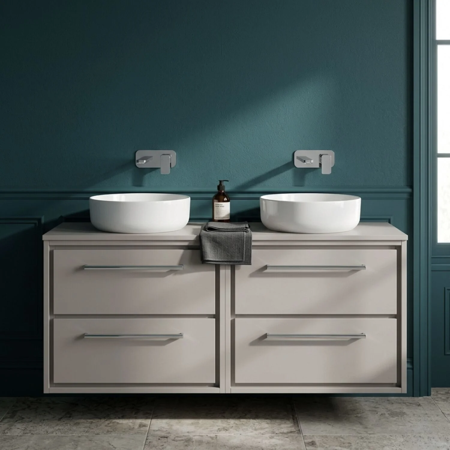 Balterley 1200mm Framed Design Wall Hung 4 Drawer Vanity with Worktop - Pebble Grey