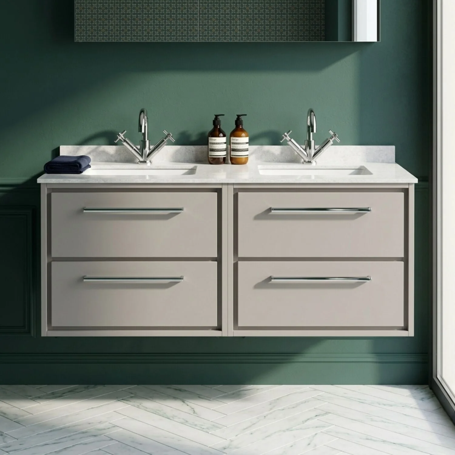 Balterley 1200mm Wall Hung 4 Drawer Vanity Unit with Double Marble Basins - Pebble Grey