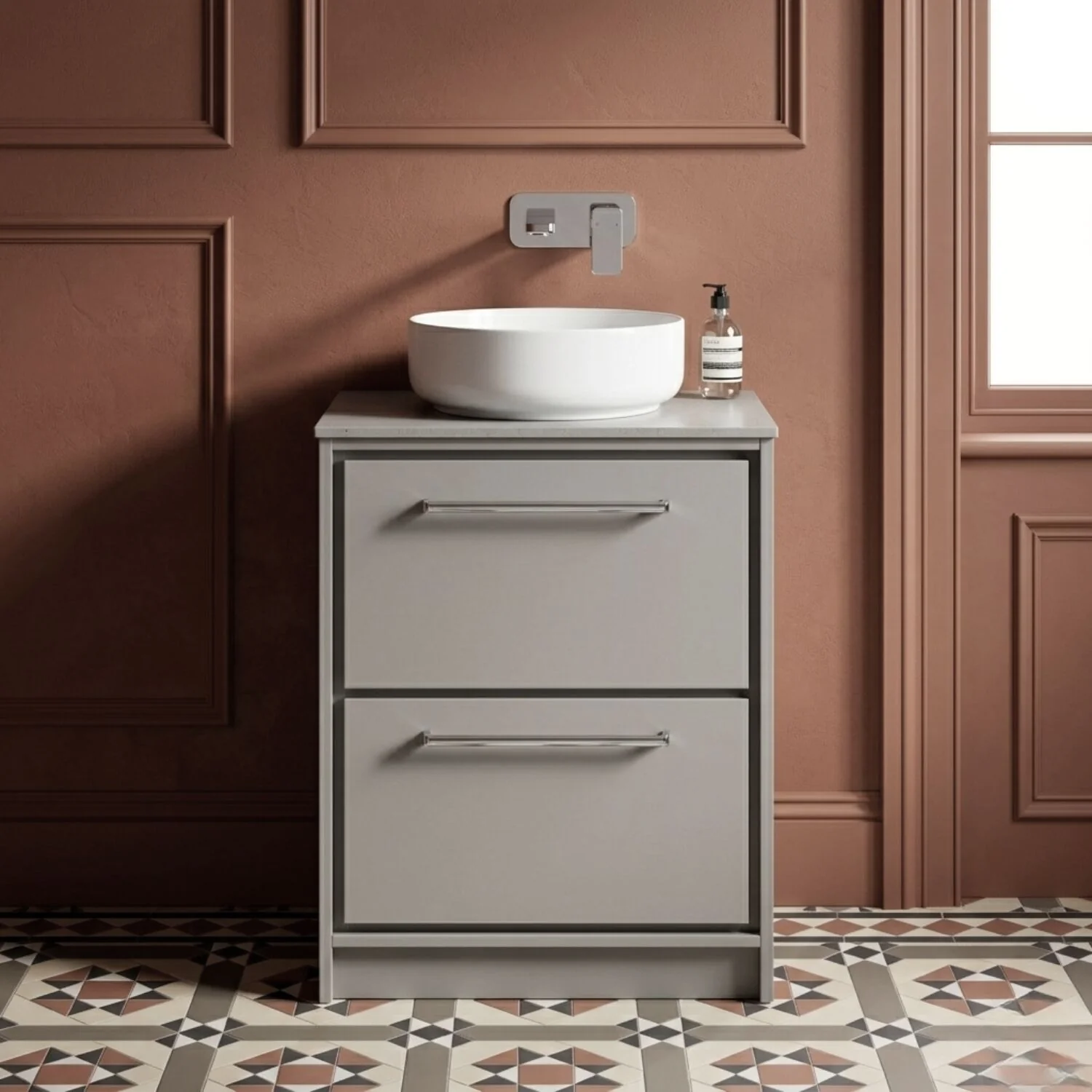 Balterley 600mm Framed Design Floor Standing 2 Drawer Vanity with Worktop - Pebble Grey