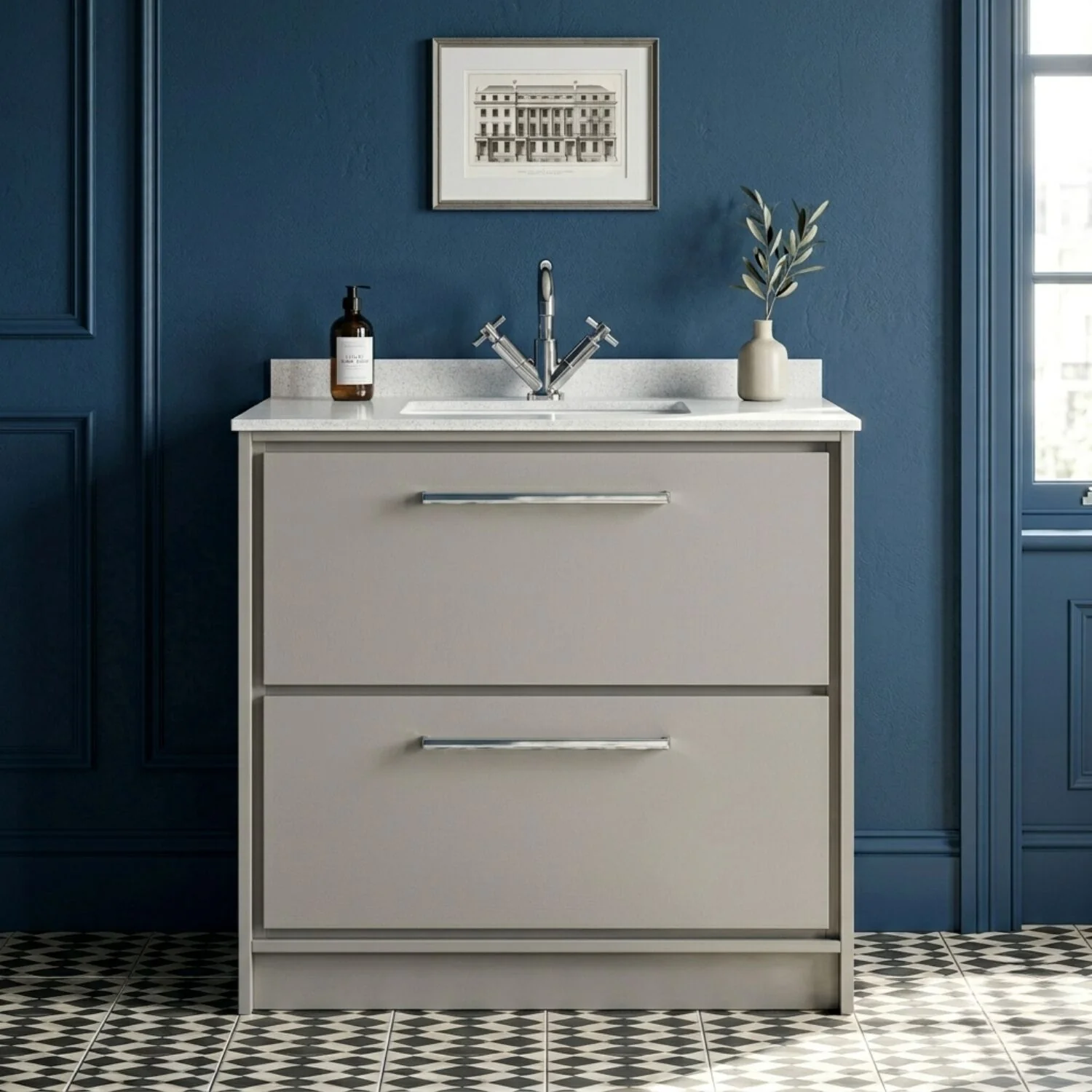 Balterley 800mm Floor Standing 2 Drawer Vanity with Marble Worktop Basin - Pebble Grey