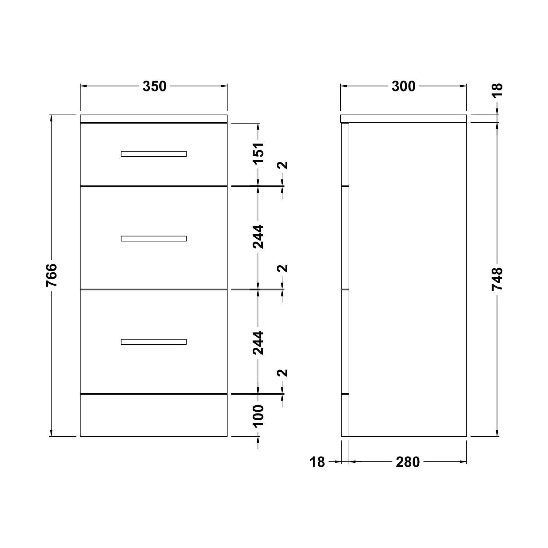 Slimline 3 Drawer Unit - 350mm - Gloss White - Image 2