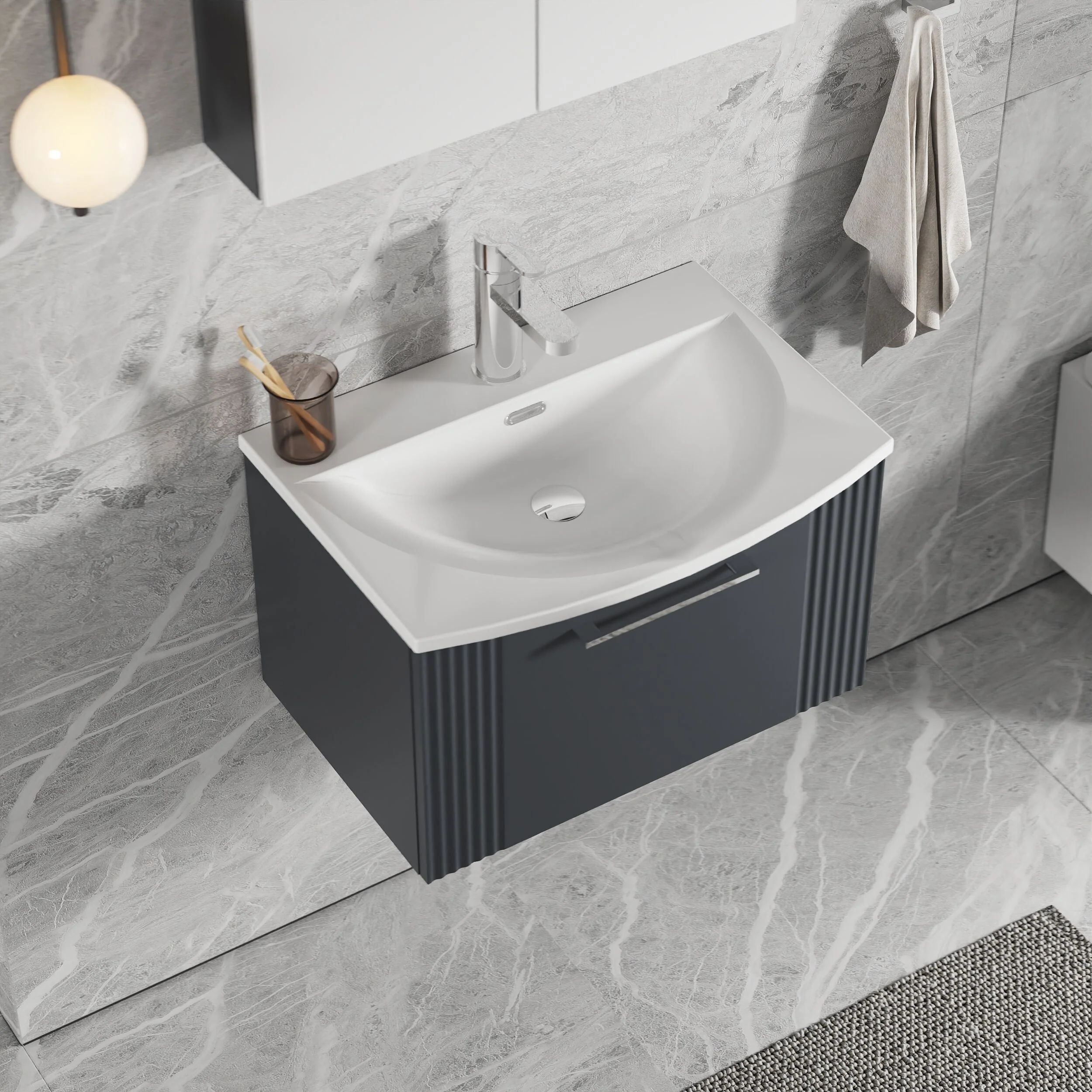 Partial Fluted 1 Drawer Wall Hung Vanity Unit with 1 Tap Hole Curved Basin- 600mm - Satin Dark Grey - Image 3