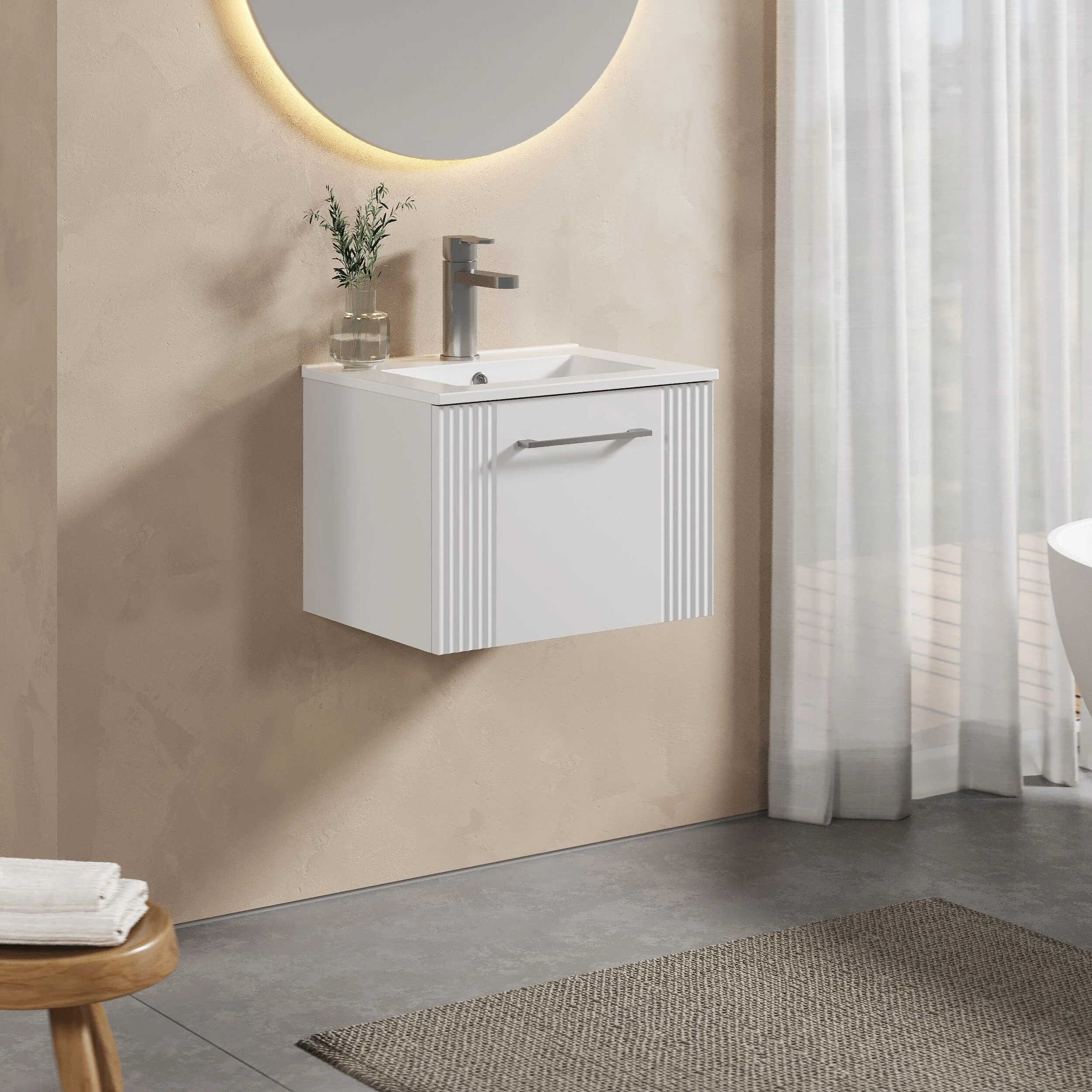 Partial Fluted 1 Drawer Wall Hung Vanity Unit with 1 Tap Hole Minimalist Basin - 500mm - Satin White - Image 4
