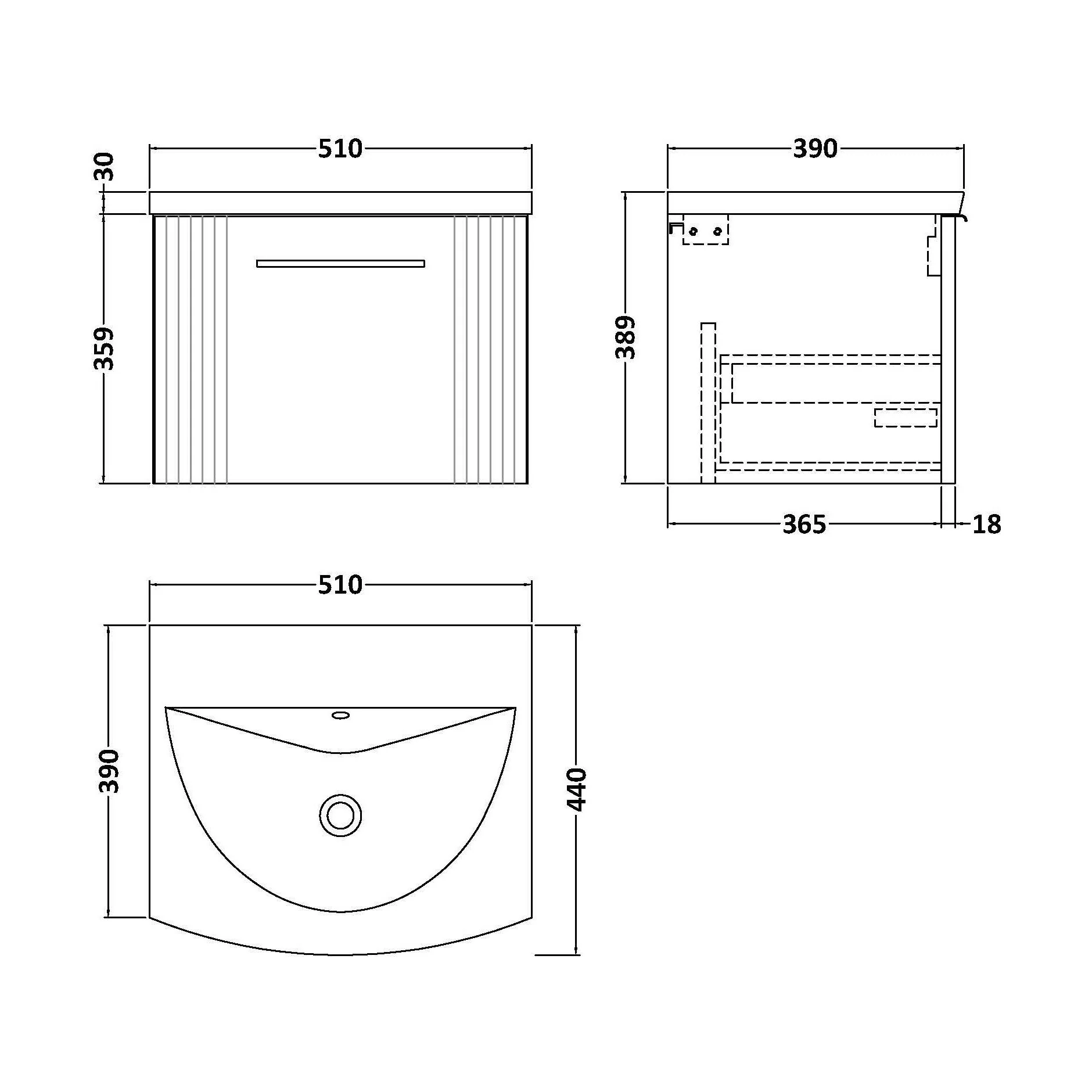 Partial Fluted 1 Drawer Wall Hung Vanity Unit with 1 Tap Hole Curved Basin- 500mm - Satin White - Image 5
