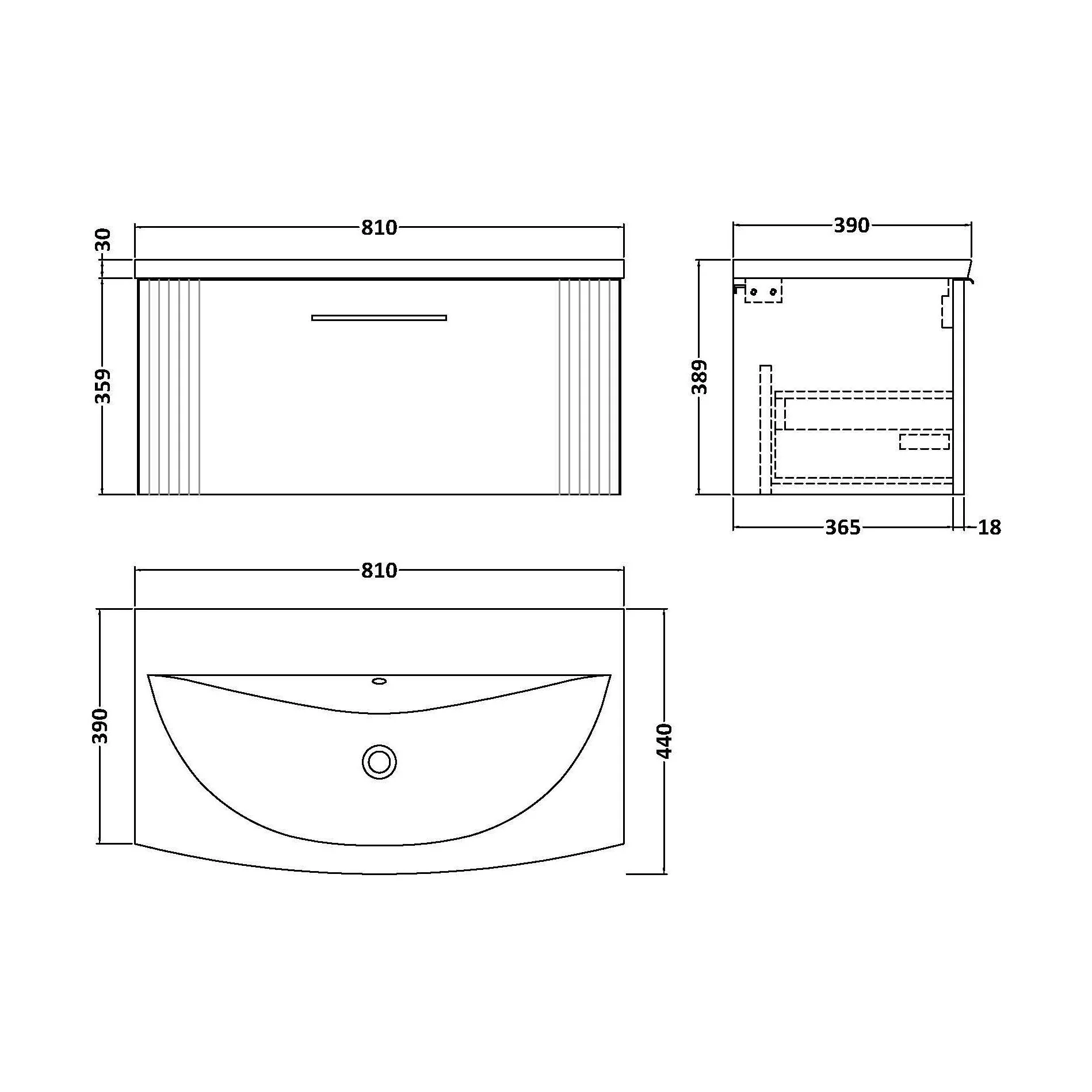 Partial Fluted 1 Drawer Wall Hung Vanity Unit with 1 Tap Hole Curved Basin- 800mm - Satin White - Image 5