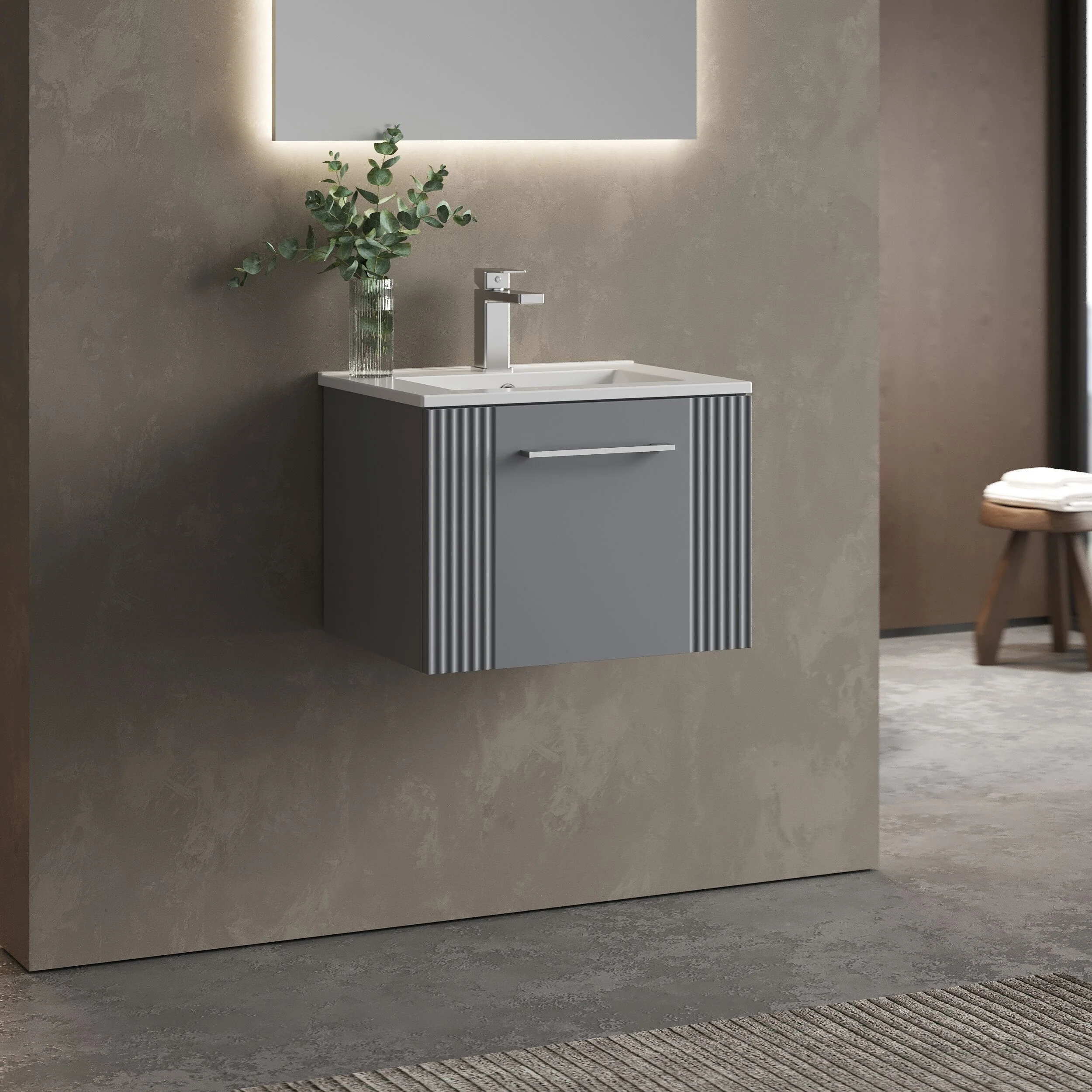 Partial Fluted 1 Drawer Wall Hung Vanity Unit with 1 Tap Hole Minimalist Basin - 500mm - Satin Grey - Image 4