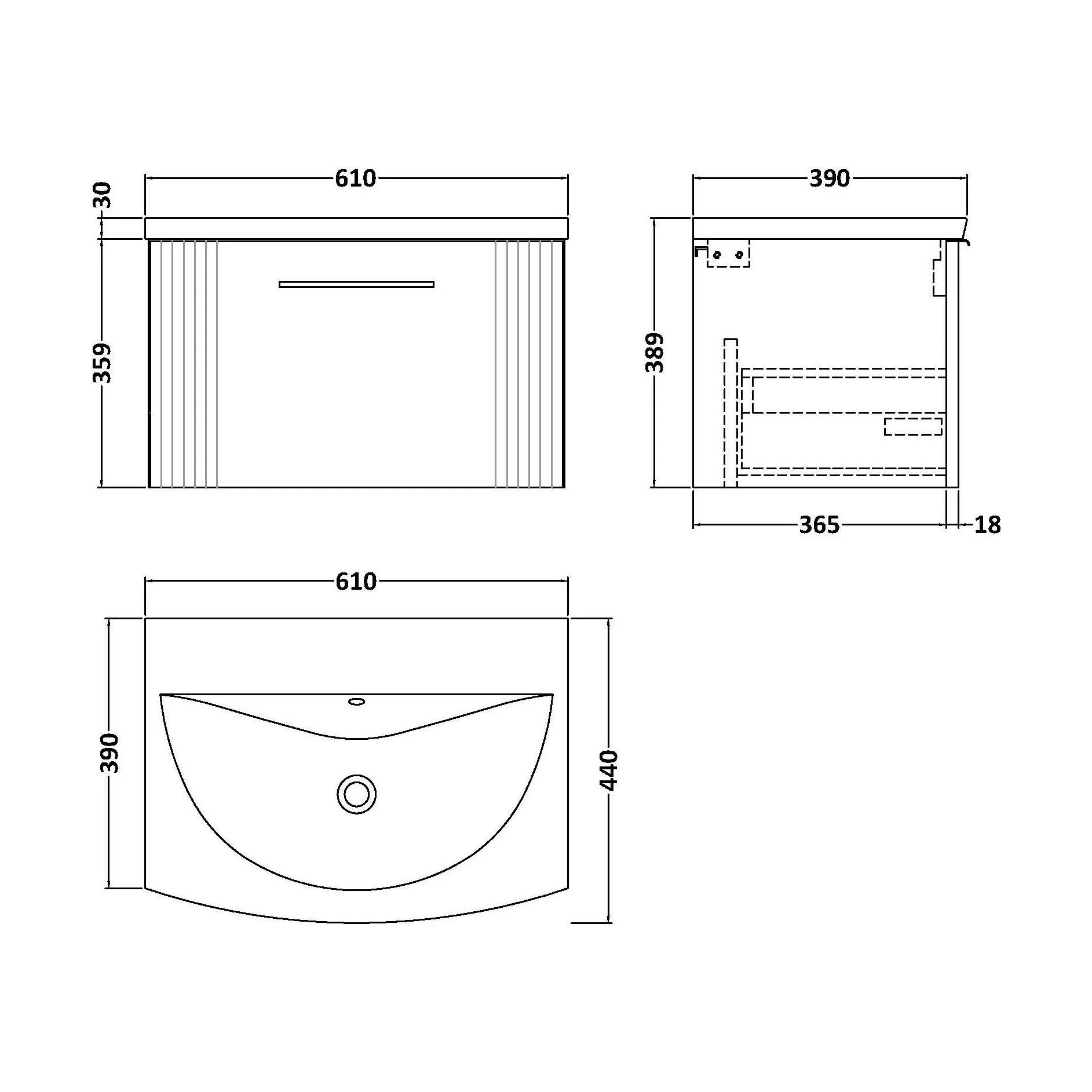 Partial Fluted 1 Drawer Wall Hung Vanity Unit with 1 Tap Hole Curved Basin- 600mm - Satin Grey - Image 5