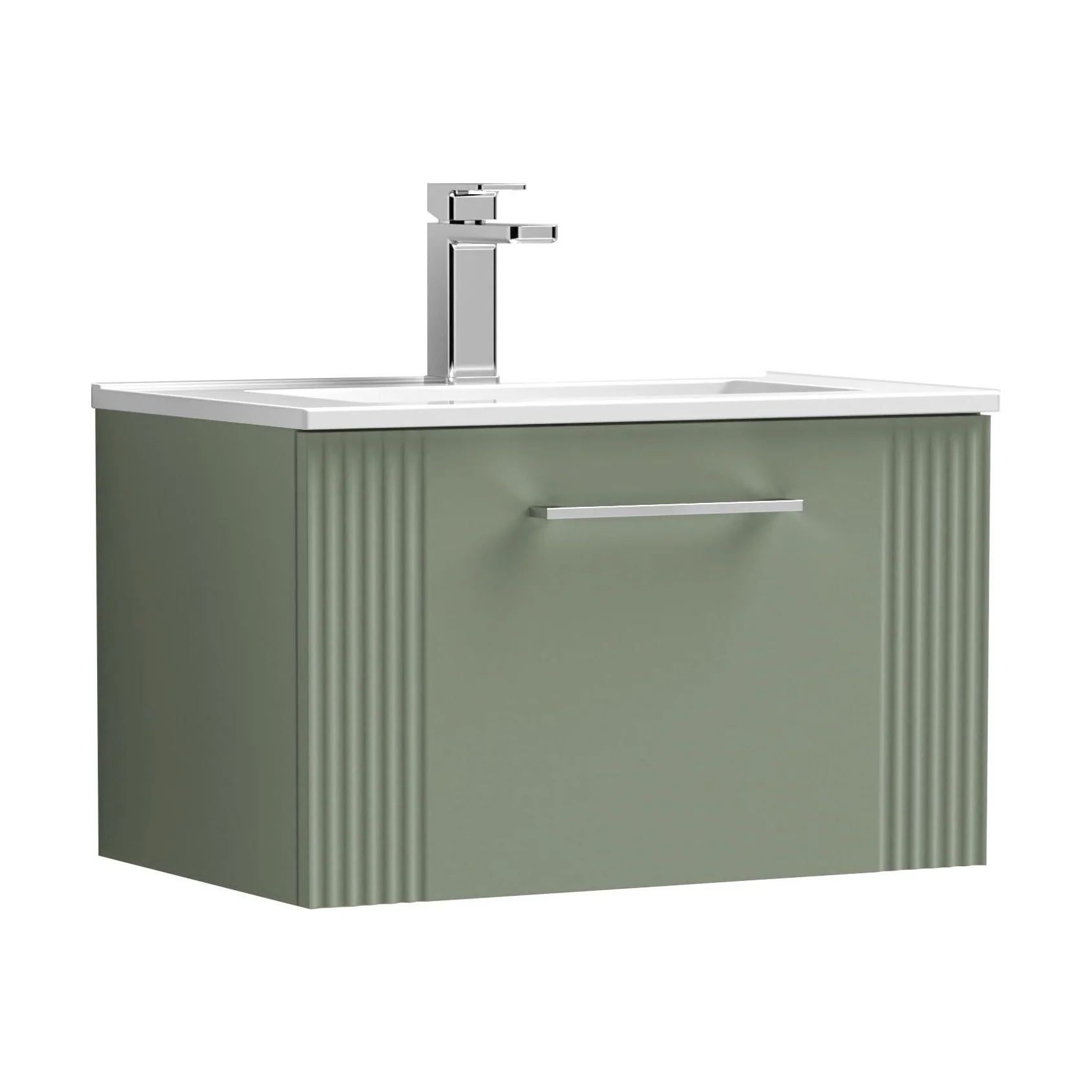 Partial Fluted 1 Drawer Wall Hung Vanity Unit with 1 Tap Hole Minimalist Basin - 600mm - Satin Green