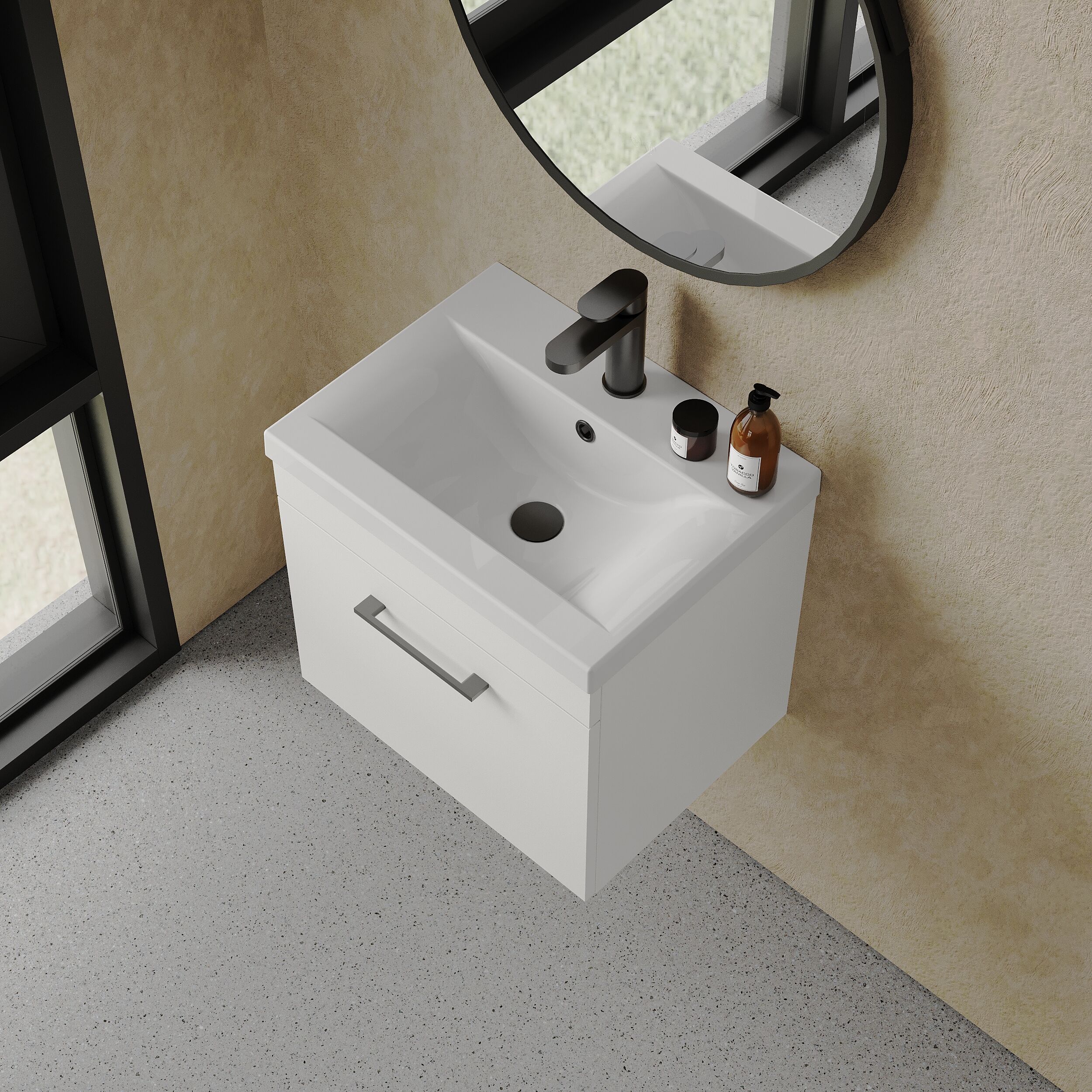 Rio 1 Drawer Wall Hung Vanity Basin Unit - 500mm - Gloss White with Square Black D-shaped handle (Tap Not Included) - Balterley - Image 3