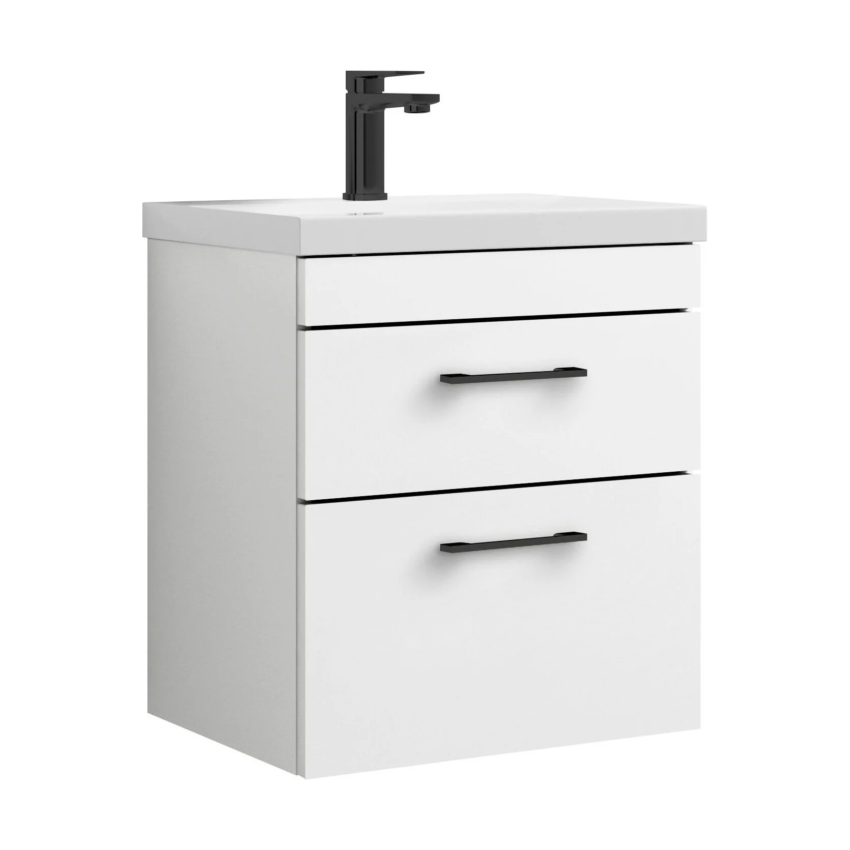 Rio 2 Drawer Wall Hung Vanity Basin Unit - 500mm - Gloss White with Square Black D-shaped handles (Tap Not Included) - Balterley