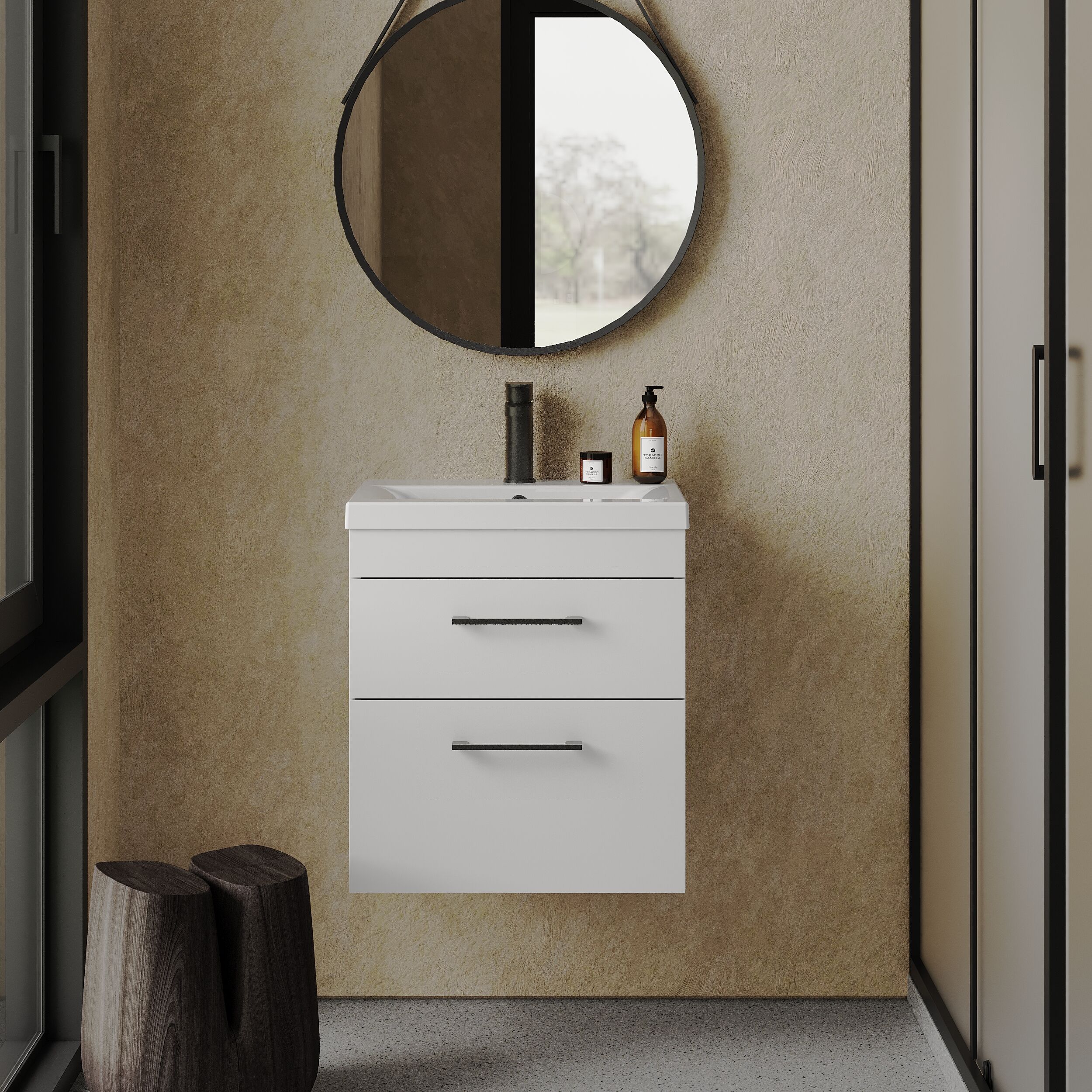 Rio 2 Drawer Wall Hung Vanity Basin Unit - 500mm - Gloss White with Square Black D-shaped handles (Tap Not Included) - Balterley - Image 2