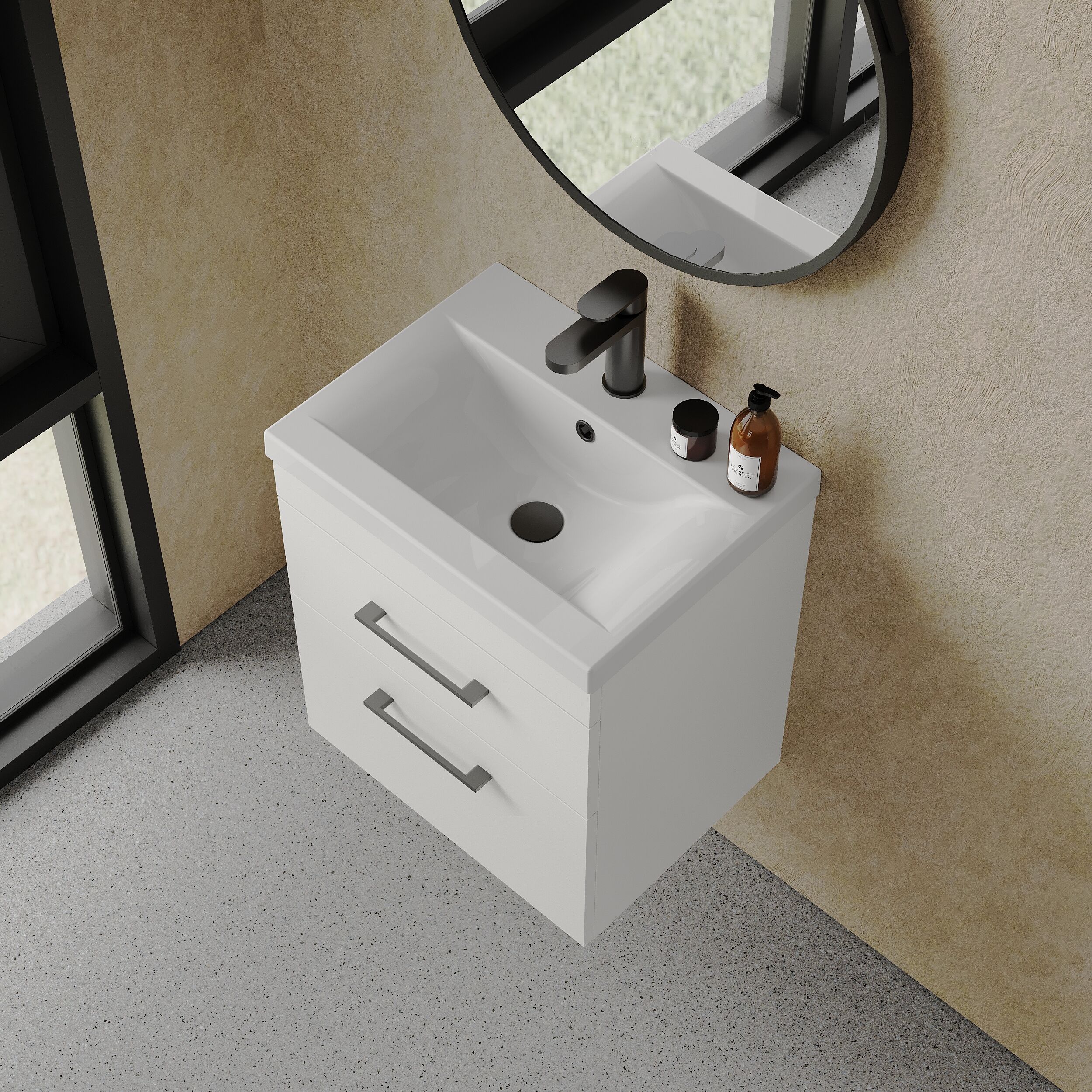Rio 2 Drawer Wall Hung Vanity Basin Unit - 500mm - Gloss White with Square Black D-shaped handles (Tap Not Included) - Balterley - Image 3