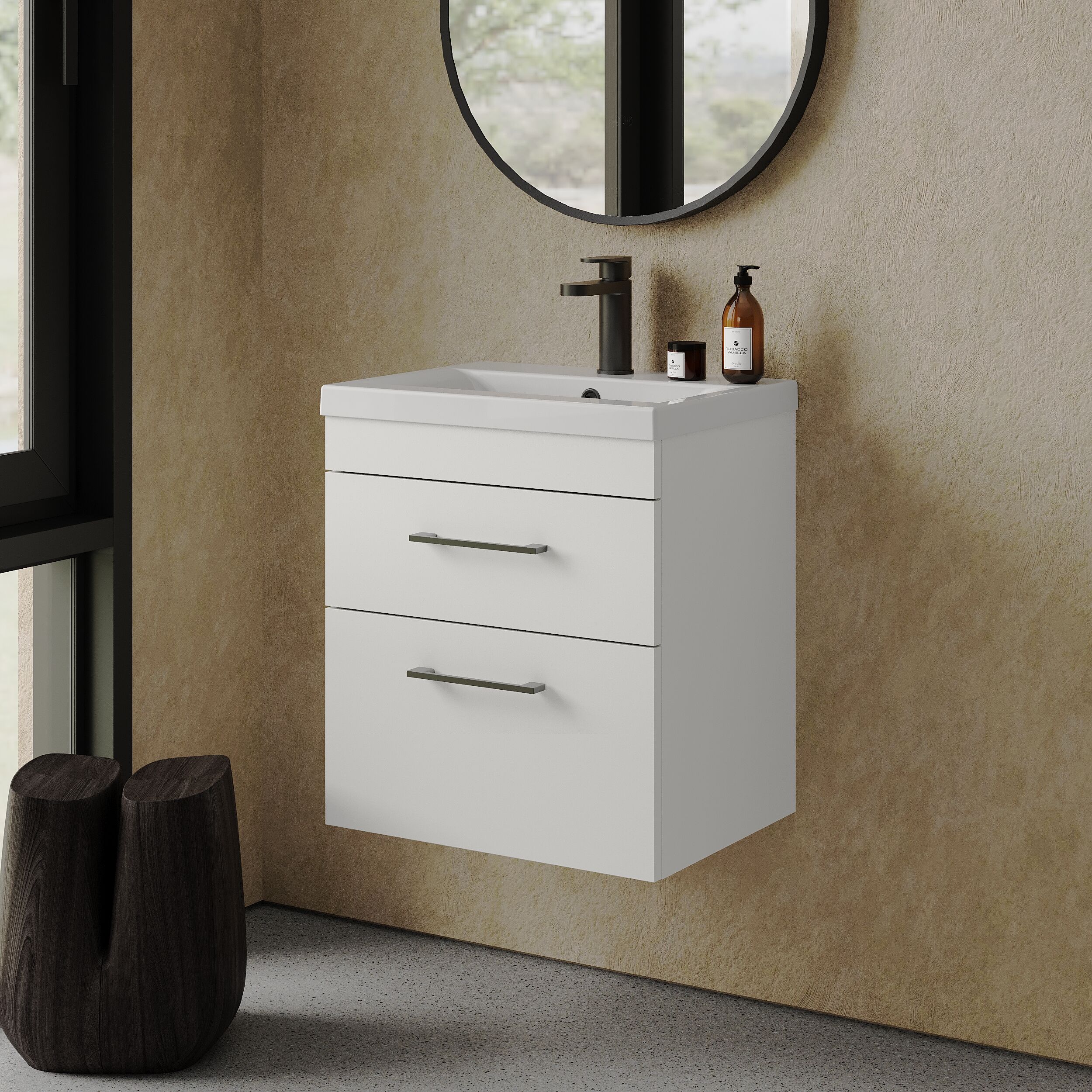 Rio 2 Drawer Wall Hung Vanity Basin Unit - 500mm - Gloss White with Square Black D-shaped handles (Tap Not Included) - Balterley - Image 4