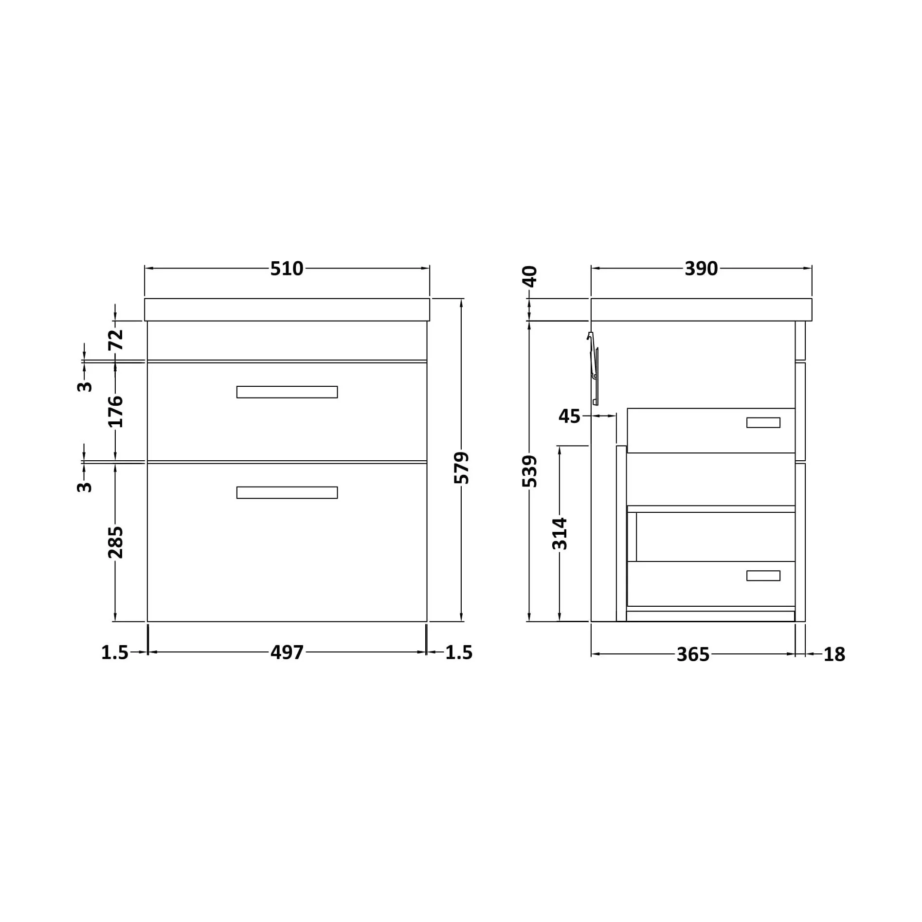 Rio 2 Drawer Wall Hung Vanity Basin Unit - 500mm - Gloss White with Square Black D-shaped handles (Tap Not Included) - Balterley - Image 5