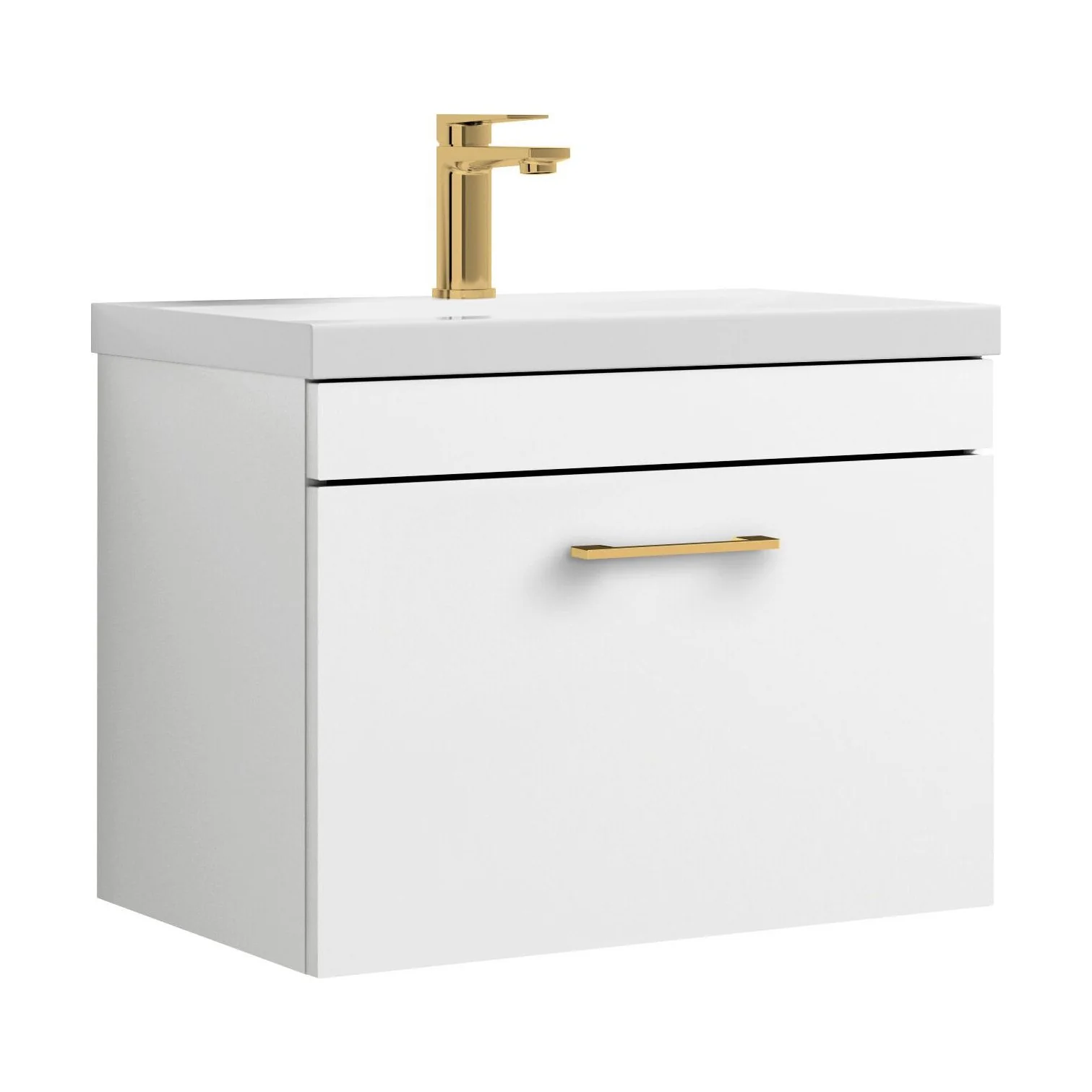 Rio 1 Drawer Wall Hung Vanity Basin Unit - 600mm - Gloss White with Brushed Brass D-shaped handle (Tap Not Included)