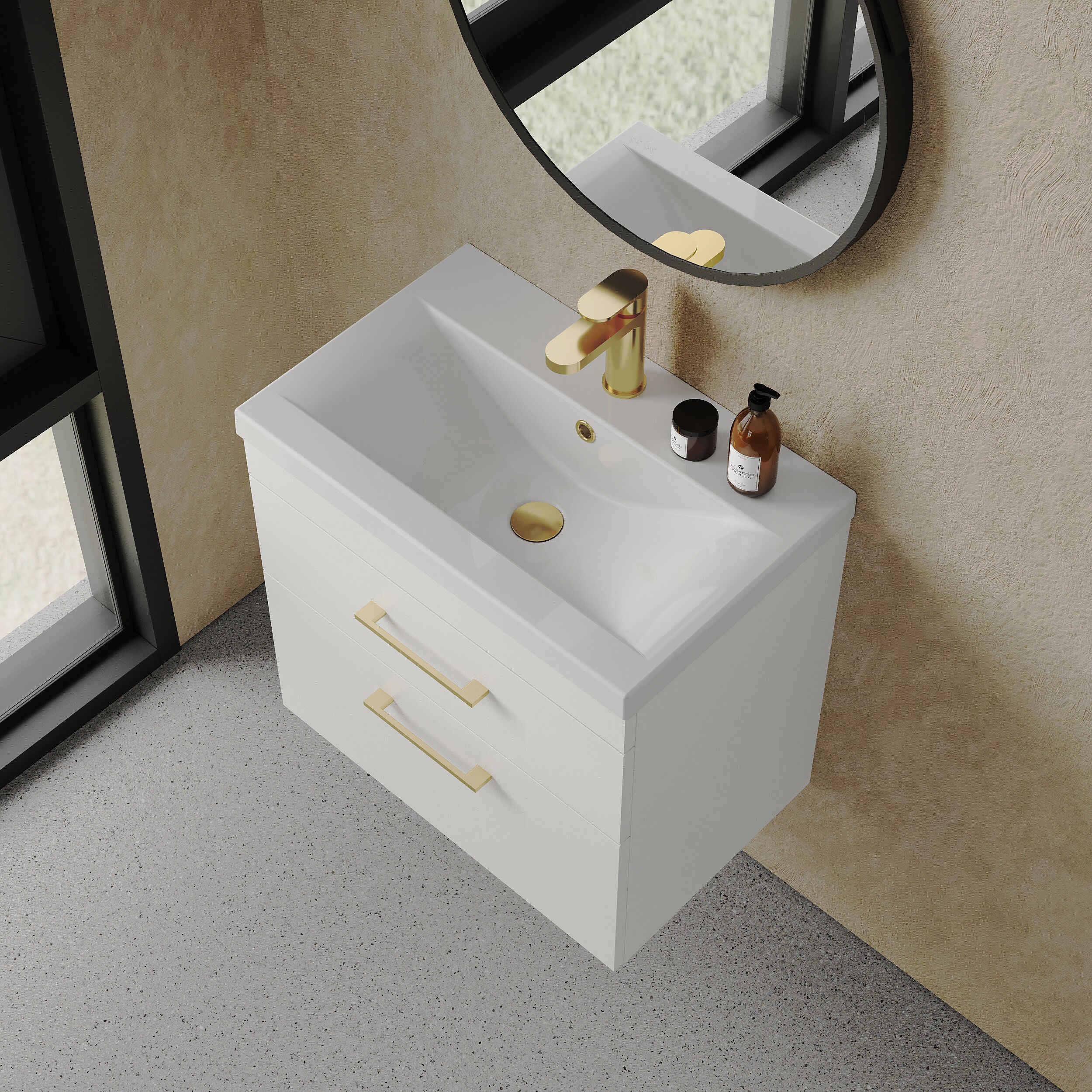 Rio 2 Drawer Wall Hung Vanity Basin Unit - 600mm - Gloss White with Brushed Brass D-shaped handles (Tap Not Included) - Image 3
