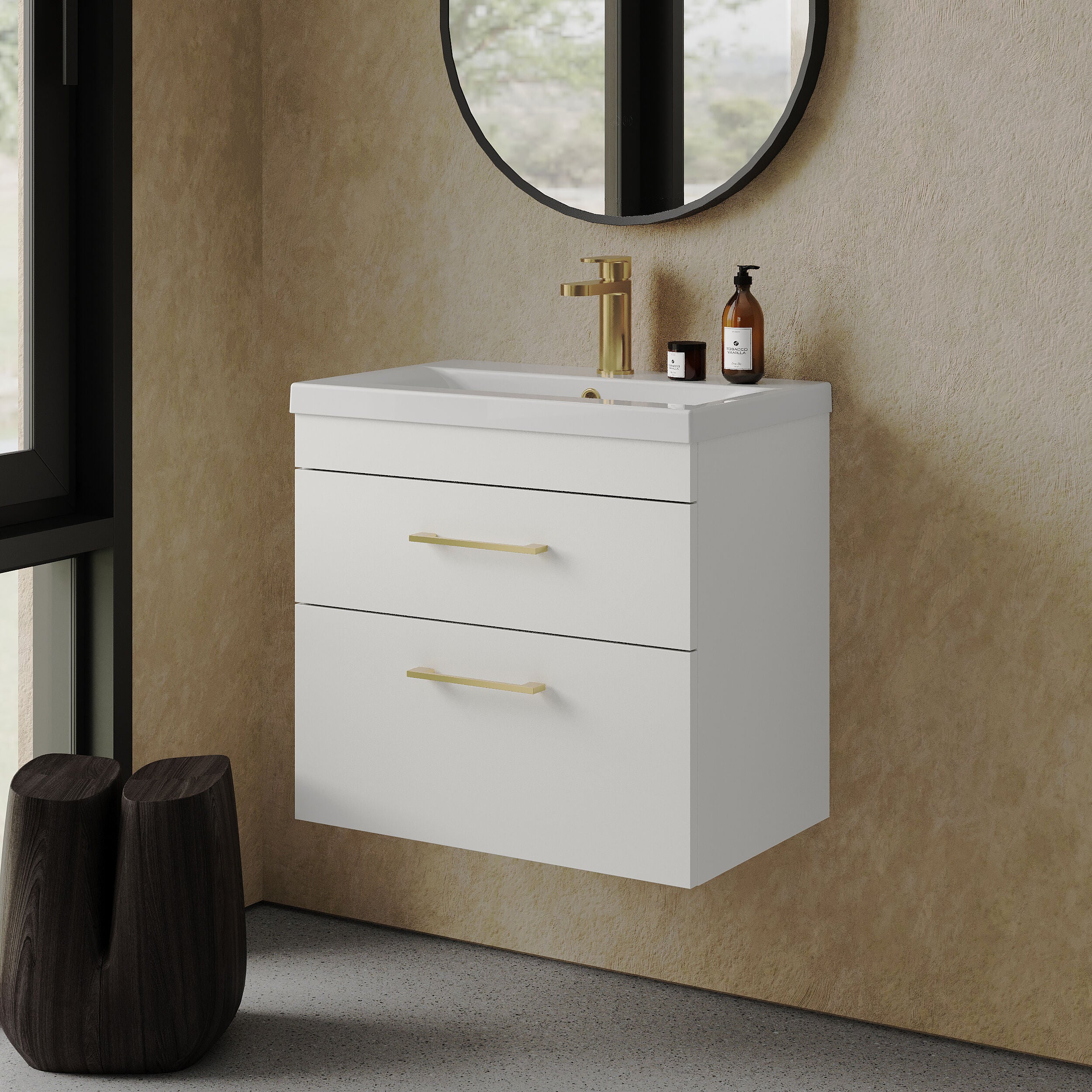 Rio 2 Drawer Wall Hung Vanity Basin Unit - 600mm - Gloss White with Brushed Brass D-shaped handles (Tap Not Included) - Image 4