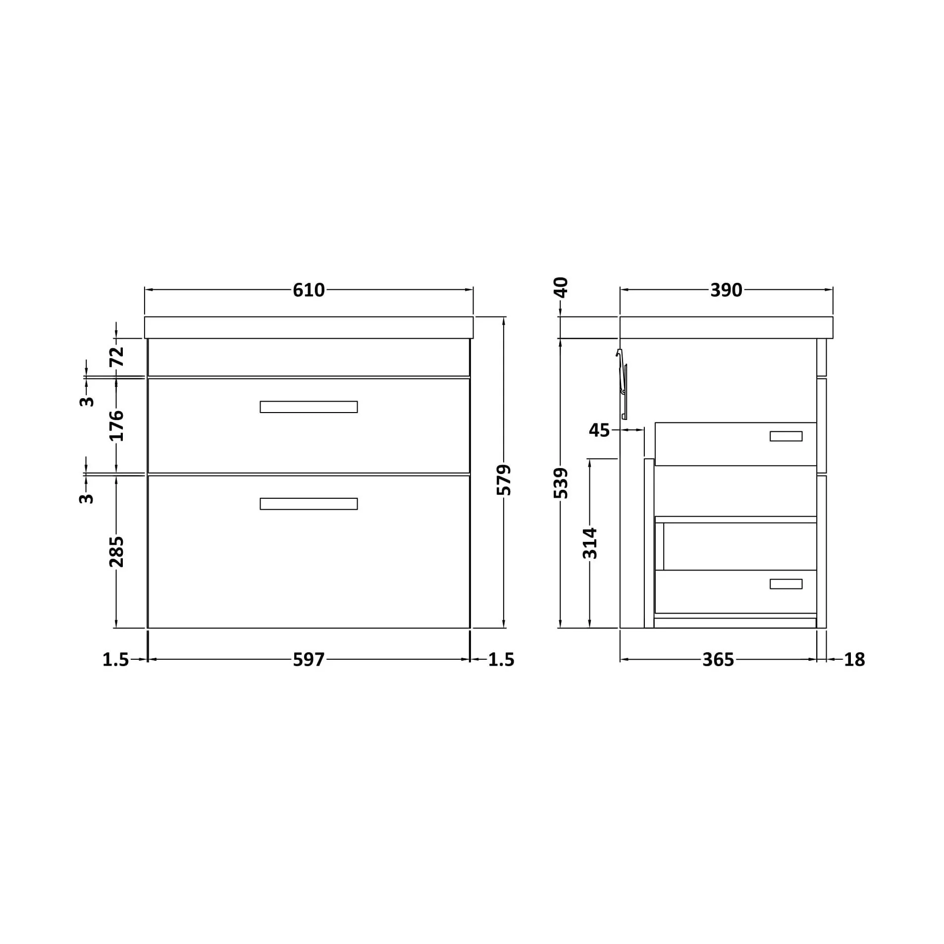 Rio 2 Drawer Wall Hung Vanity Basin Unit - 600mm - Gloss White with Square Black D-shaped handles (Tap Not Included) - Balterley - Image 5