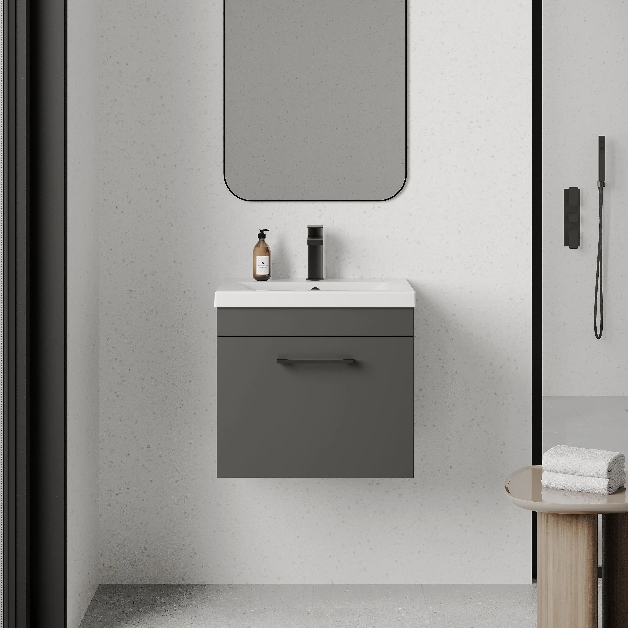 Rio 1 Drawer Wall Hung Vanity Basin Unit - 500mm - Gloss Grey with Square Black D-shaped handle (Tap Not Included) - Balterley - Image 2