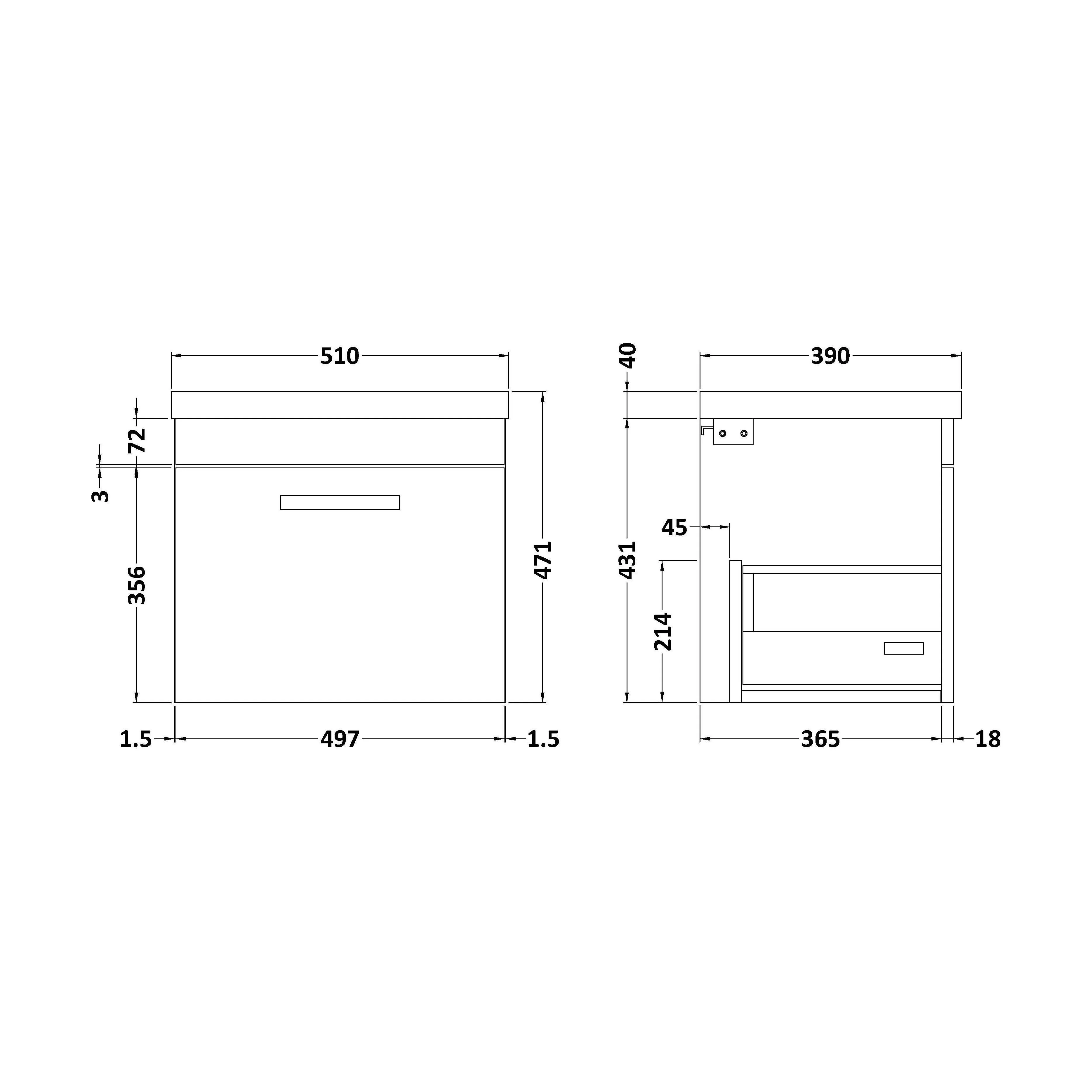 Rio 1 Drawer Wall Hung Vanity Basin Unit - 500mm - Gloss Grey with Square Black D-shaped handle (Tap Not Included) - Balterley - Image 5