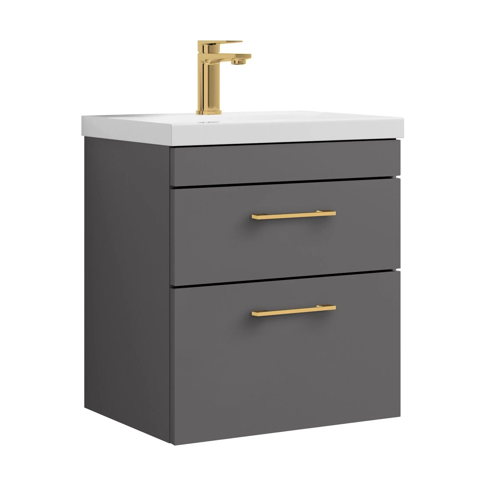 Rio 2 Drawer Wall Hung Vanity Basin Unit - 500mm - Gloss Grey with Brushed Brass D-shaped handles (Tap Not Included)