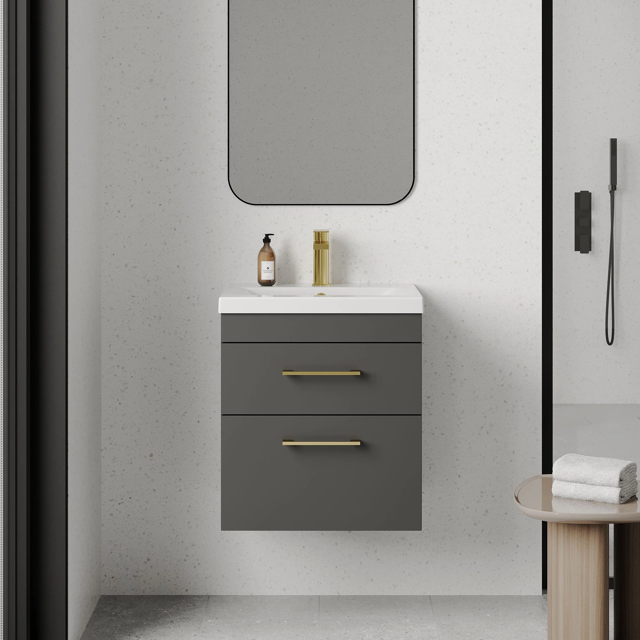 Rio 2 Drawer Wall Hung Vanity Basin Unit - 500mm - Gloss Grey with Brushed Brass D-shaped handles (Tap Not Included) - Image 2