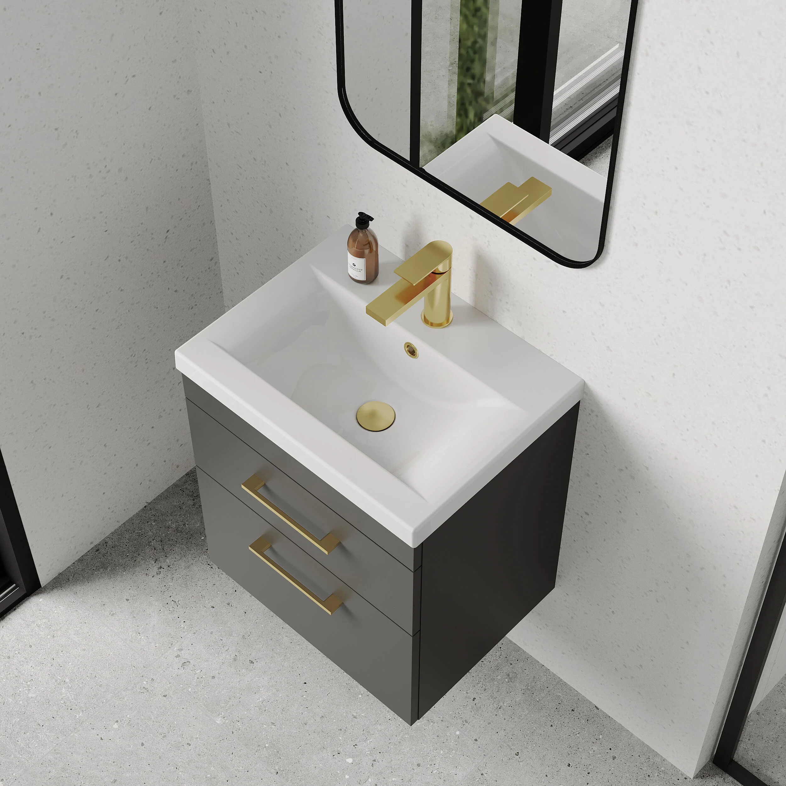Rio 2 Drawer Wall Hung Vanity Basin Unit - 500mm - Gloss Grey with Brushed Brass D-shaped handles (Tap Not Included) - Image 3