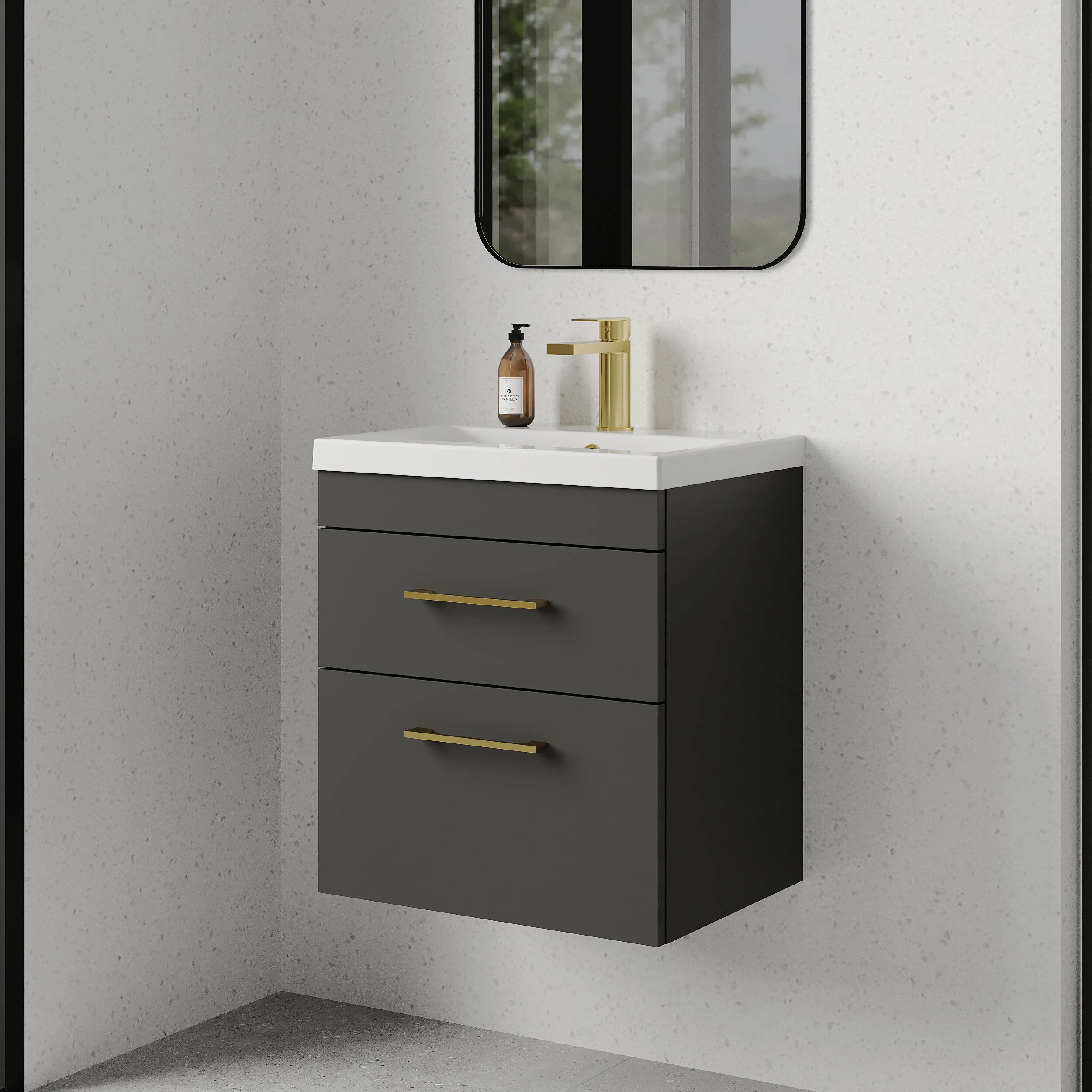 Rio 2 Drawer Wall Hung Vanity Basin Unit - 500mm - Gloss Grey with Brushed Brass D-shaped handles (Tap Not Included) - Image 4