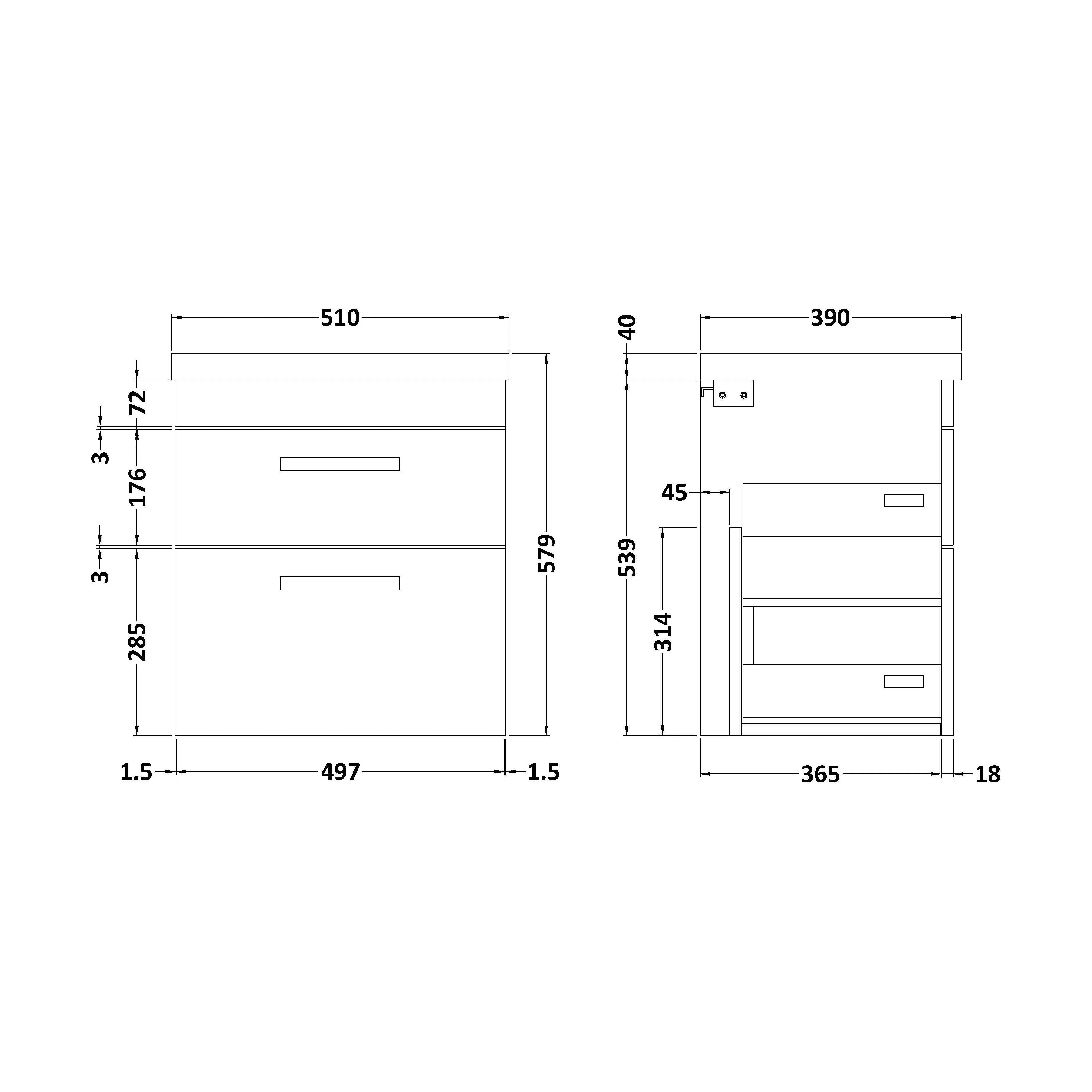 Rio 2 Drawer Wall Hung Vanity Basin Unit - 500mm - Gloss Grey with Brushed Brass D-shaped handles (Tap Not Included) - Image 5