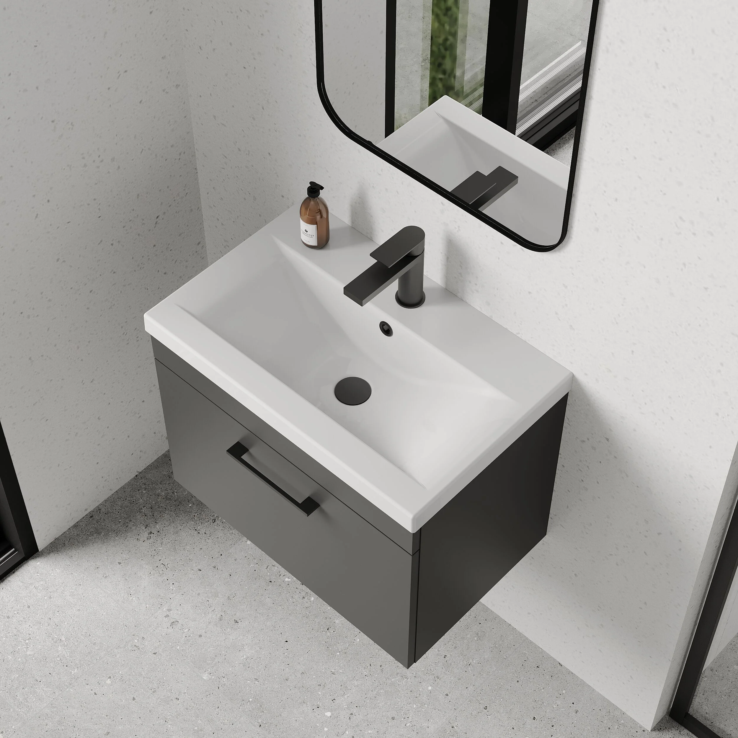 Rio 1 Drawer Wall Hung Vanity Basin Unit - 600mm - Gloss Grey with Square Black D-shaped handle (Tap Not Included) - Balterley - Image 3