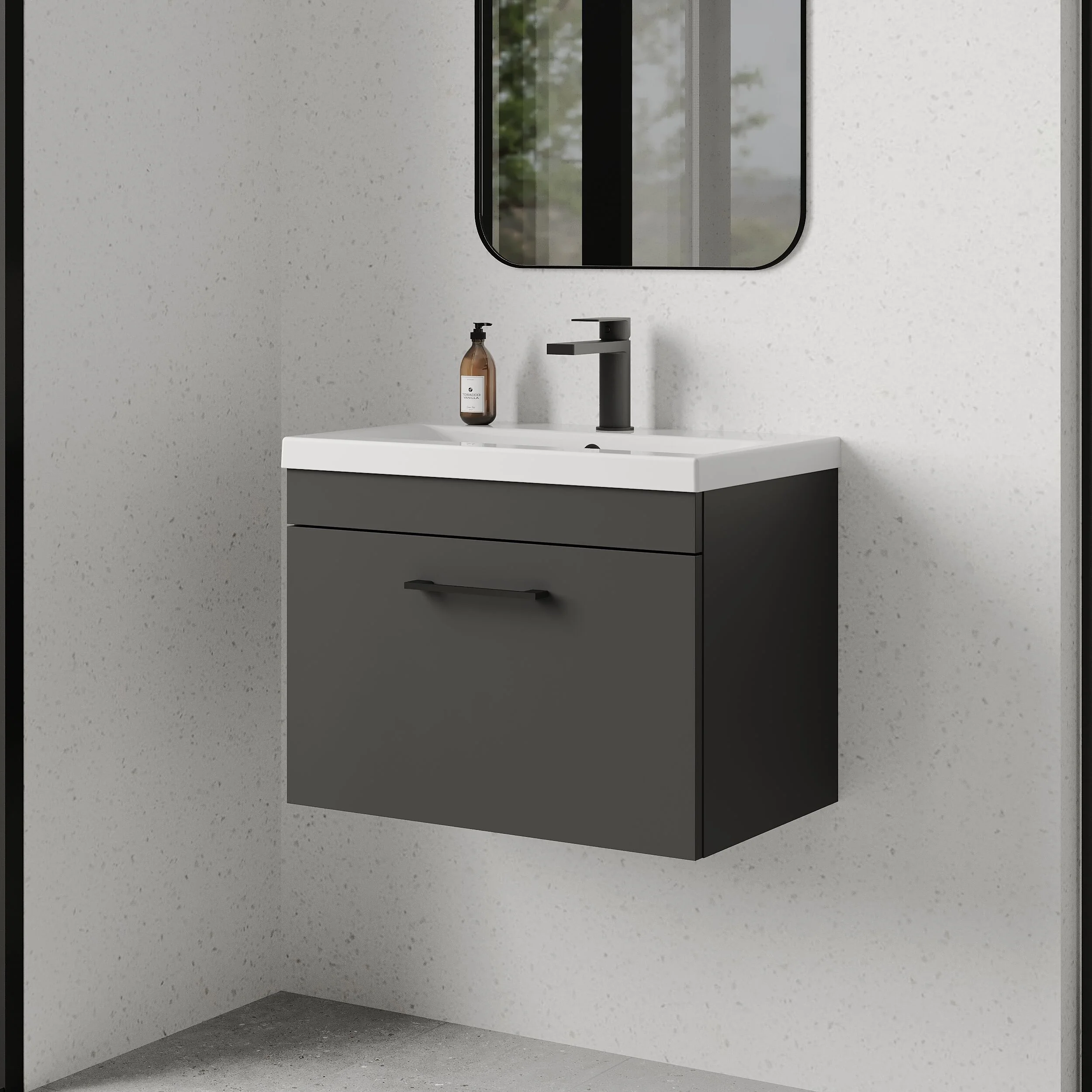 Rio 1 Drawer Wall Hung Vanity Basin Unit - 600mm - Gloss Grey with Square Black D-shaped handle (Tap Not Included) - Balterley - Image 4