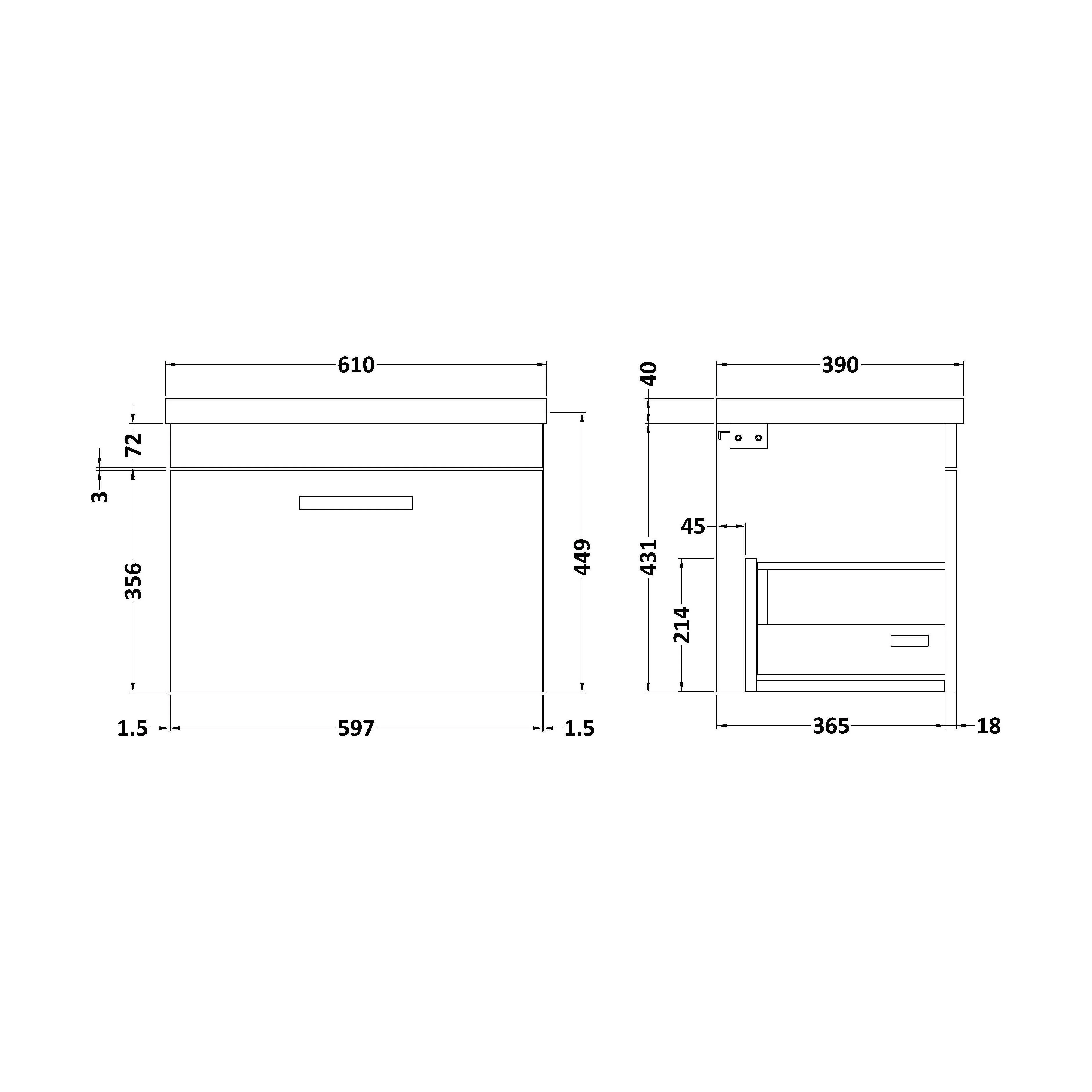 Rio 1 Drawer Wall Hung Vanity Basin Unit - 600mm - Gloss Grey with Square Black D-shaped handle (Tap Not Included) - Balterley - Image 5