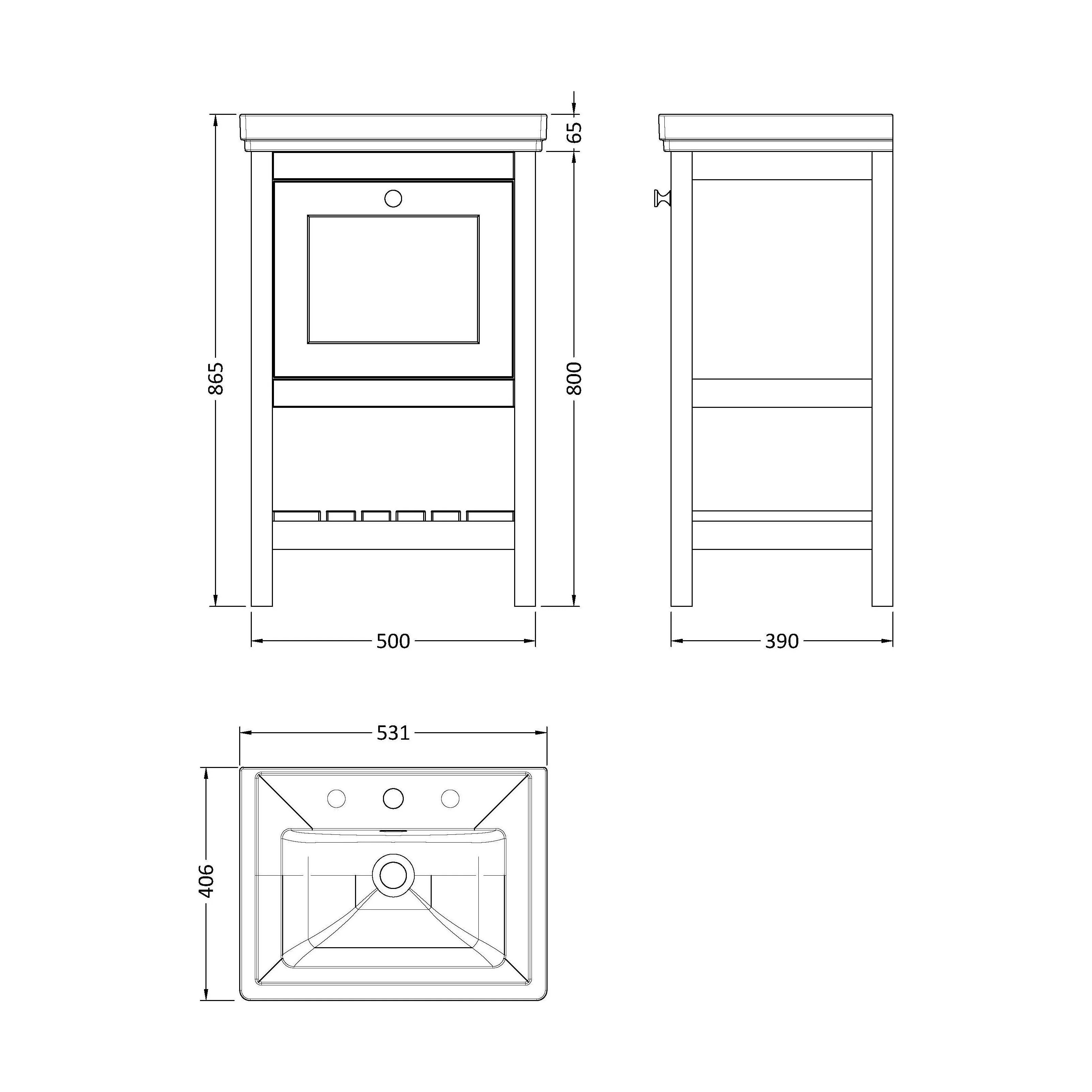 Balterley Rye Bathroom Floor Standing 1 Drawer Vanity & 3 Tap Hole Basin, Pure White, 531mm - Image 5