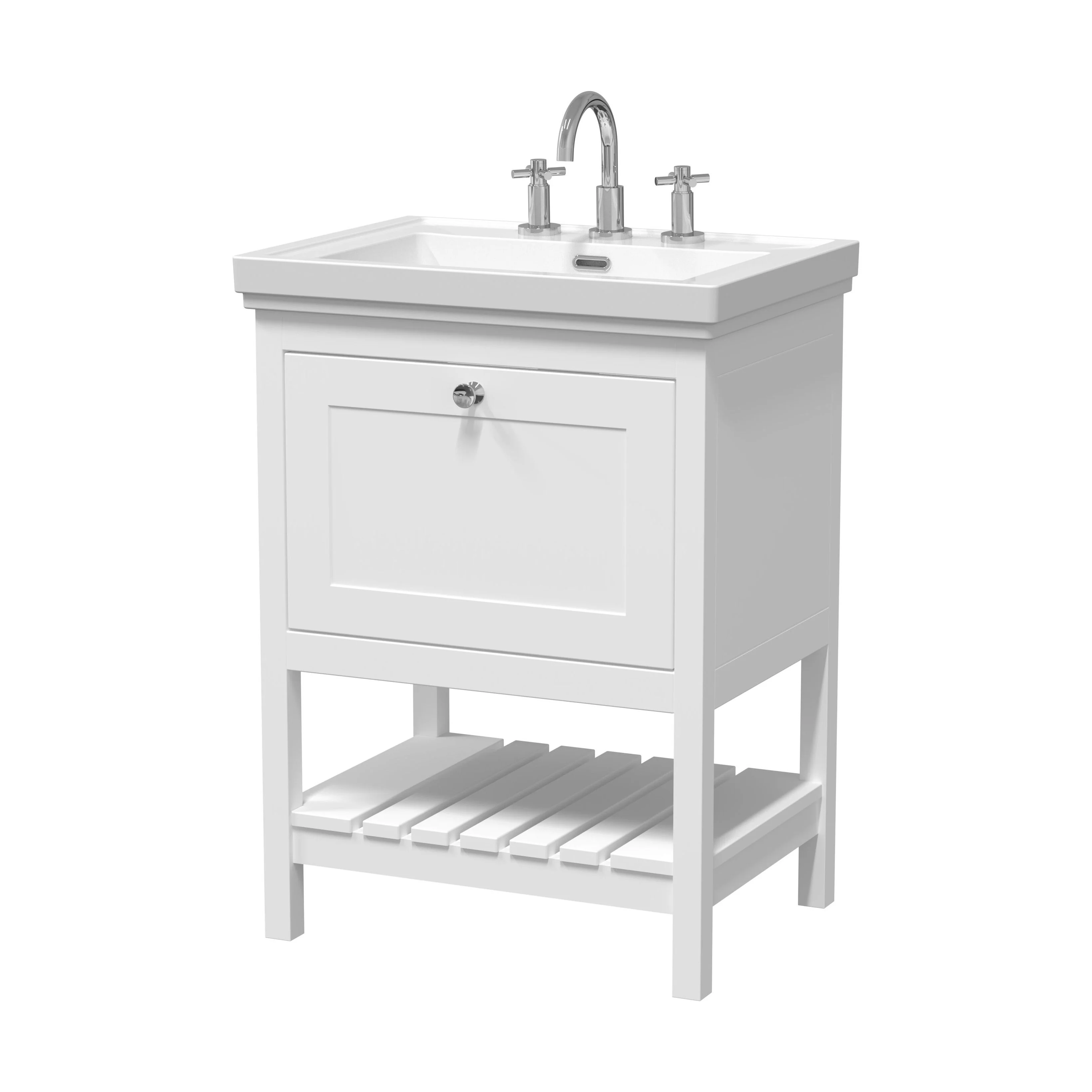 Balterley Rye Bathroom Floor Standing 1 Drawer Vanity & 3 Tap Hole Basin, Pure White, 630mm