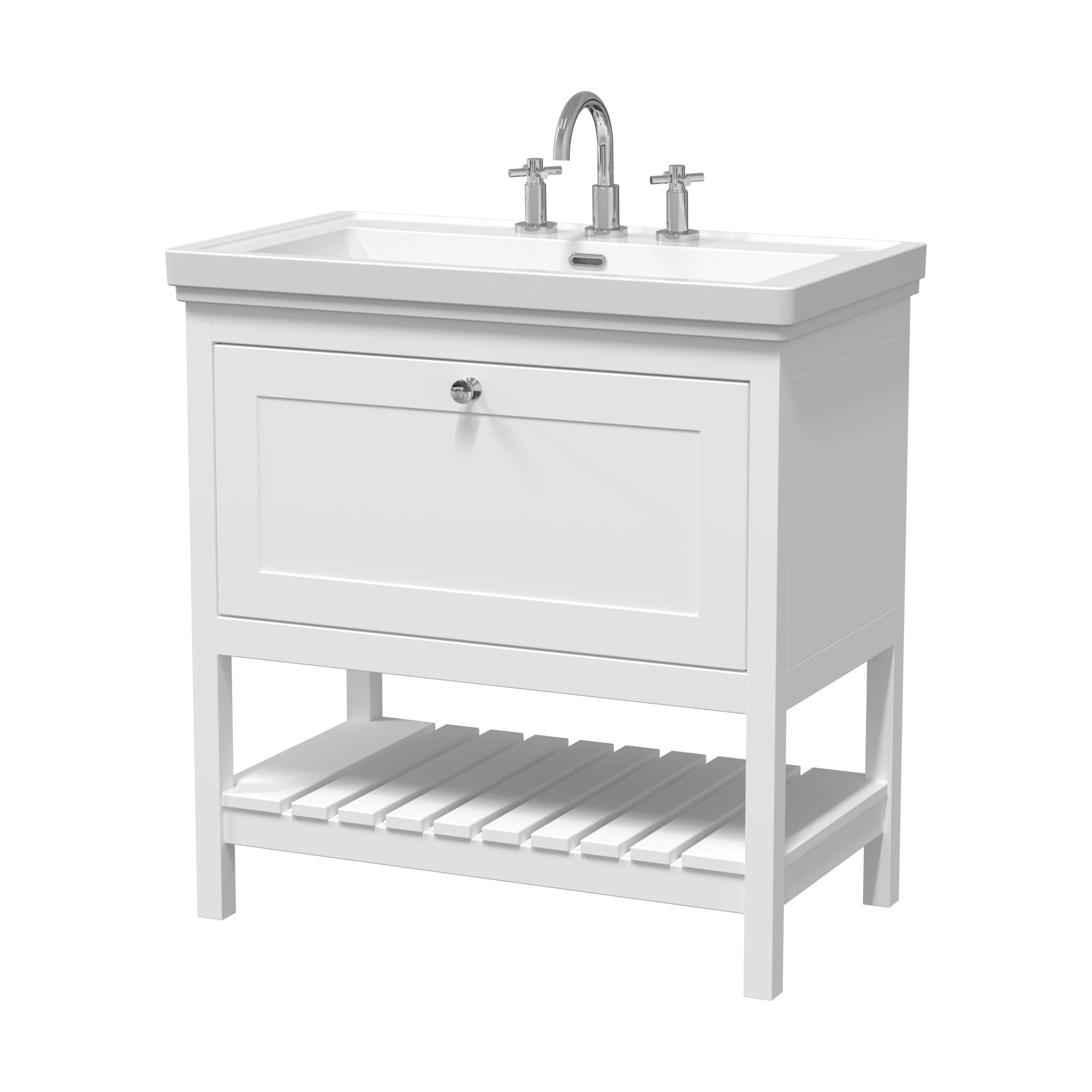 Balterley Rye Bathroom Floor Standing 1 Drawer Vanity & 3 Tap Hole Basin, Pure White, 830mm