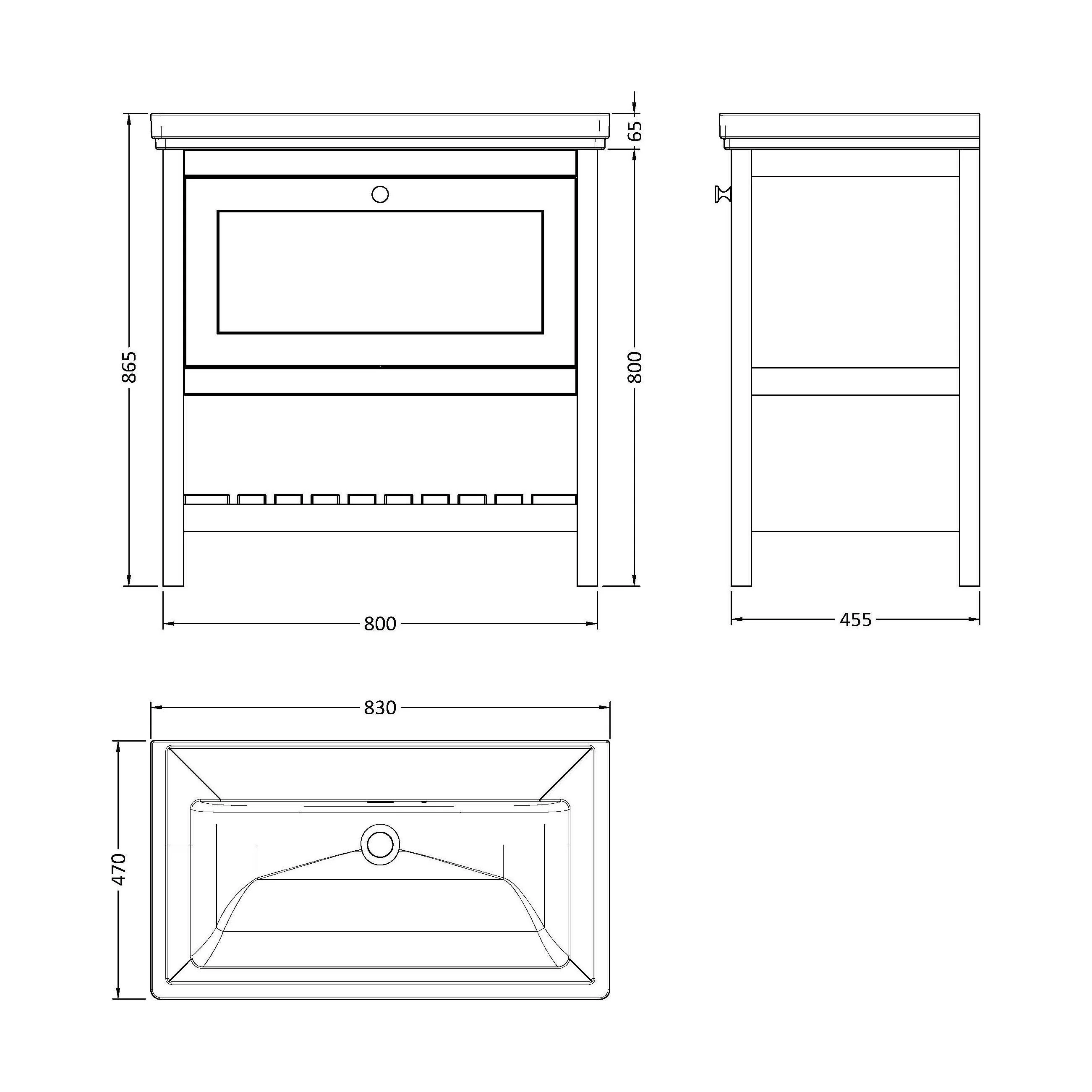 Balterley Rye Bathroom Floor Standing 1 Drawer Vanity & 0 Tap Hole Basin, Pure White, 830mm - Image 5