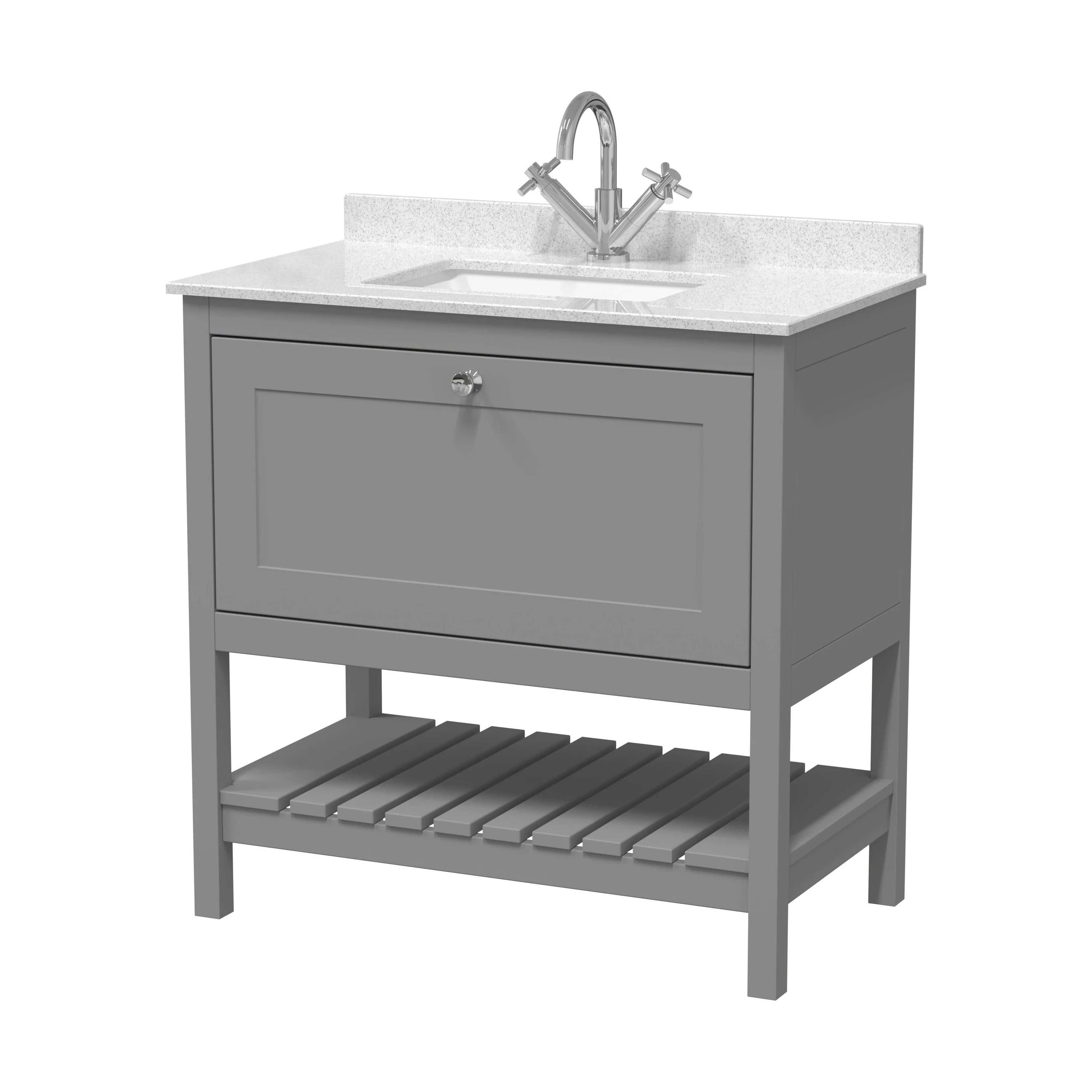 Balterley Rye Bathroom Floor Standing 1 Drawer Vanity & Single Bowl 1 Tap Hole Marble Top, Cool Grey/White, 820mm