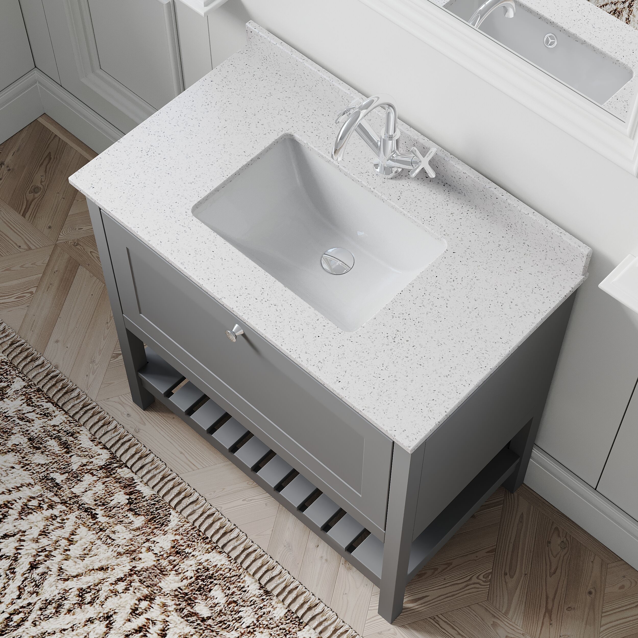 Balterley Rye Bathroom Floor Standing 1 Drawer Vanity & Single Bowl 1 Tap Hole Marble Top, Cool Grey/White, 820mm - Image 3