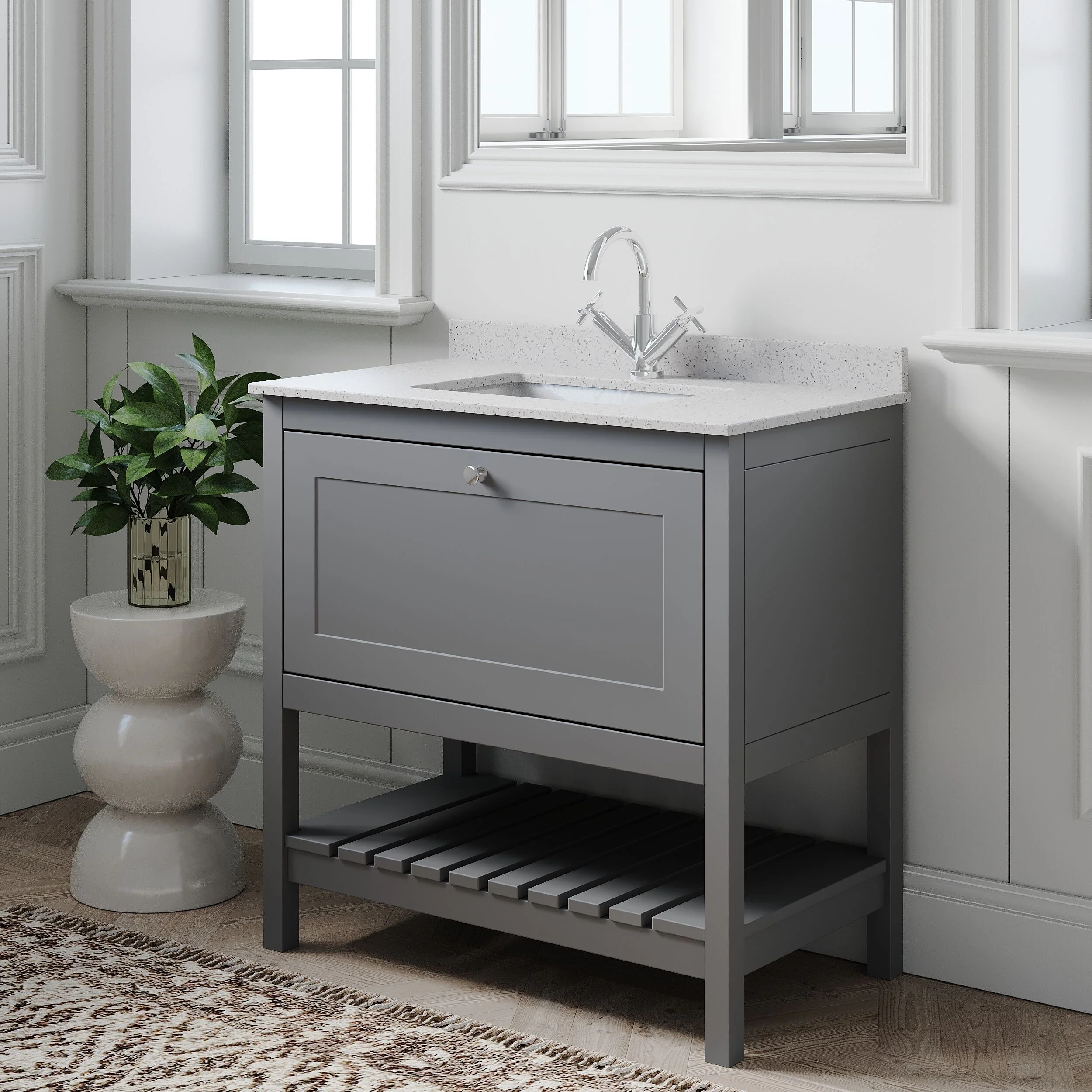 Balterley Rye Bathroom Floor Standing 1 Drawer Vanity & Single Bowl 1 Tap Hole Marble Top, Cool Grey/White, 820mm - Image 4