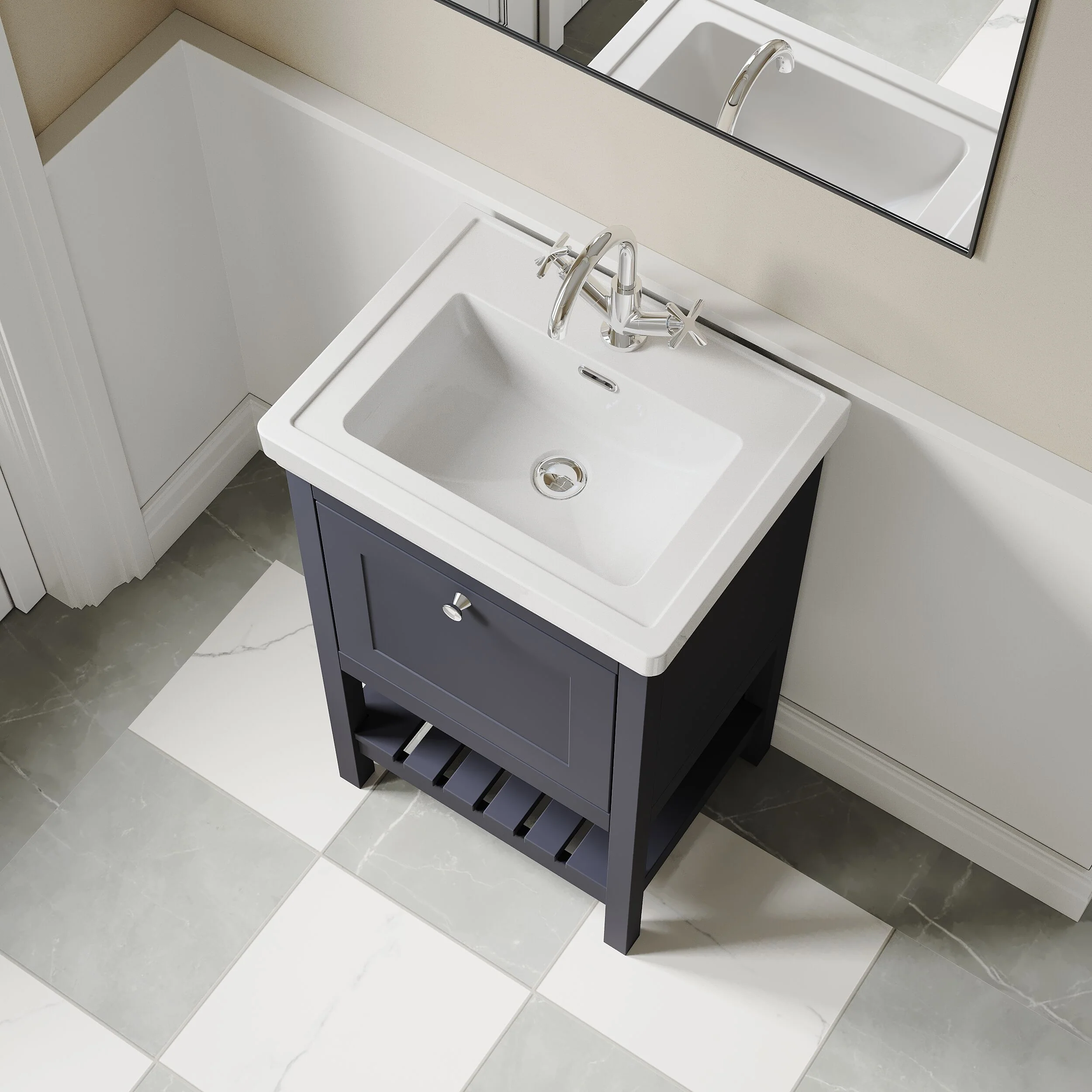 Balterley Rye Bathroom Floor Standing 1 Drawer Vanity & 1 Tap Hole Fireclay Basin, Indigo Blue, 531mm - Image 3