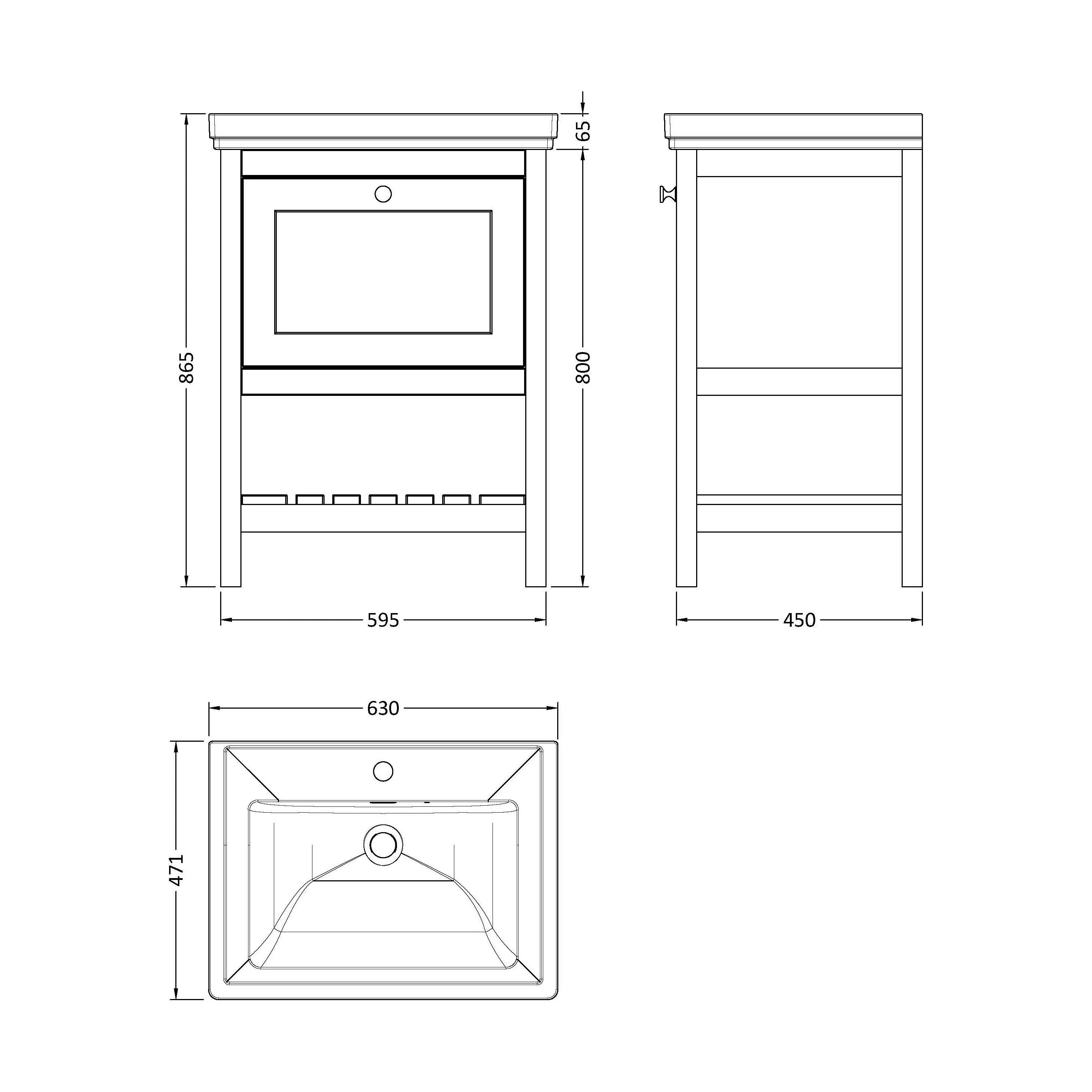 Balterley Rye Bathroom Floor Standing 1 Drawer Vanity & 1 Tap Hole Fireclay Basin, Indigo Blue, 600mm - Image 5