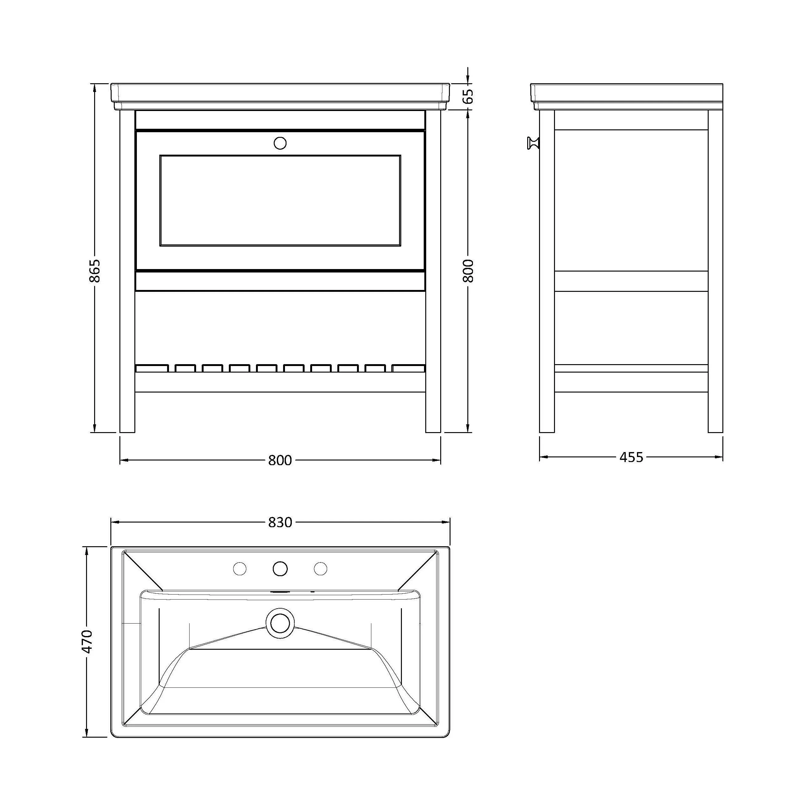 Balterley Rye Bathroom Floor Standing 1 Drawer Vanity & 3 Tap Hole Fireclay Basin, Indigo Blue, 800mm - Image 5