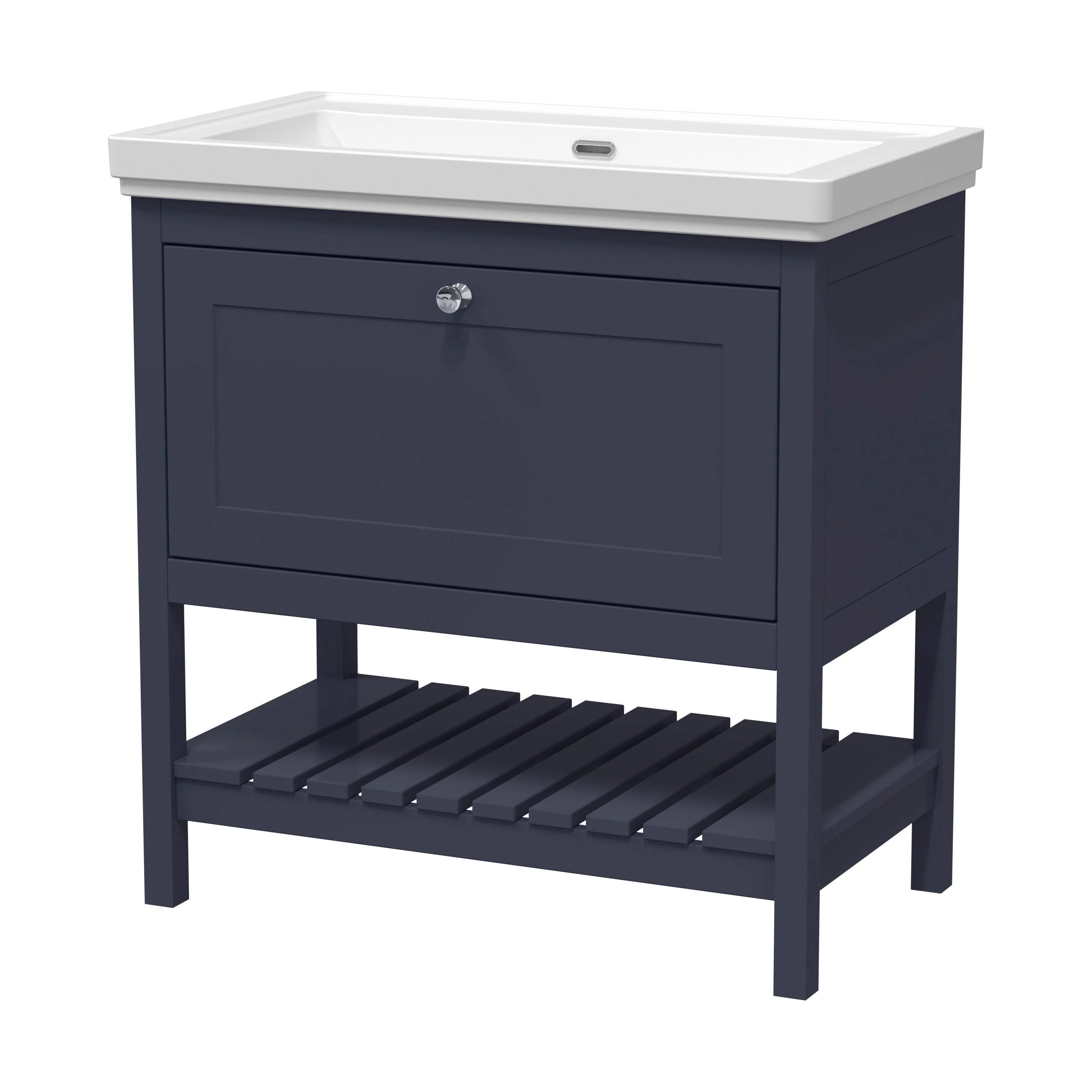 Balterley Rye Bathroom Floor Standing 1 Drawer Vanity & 0 Tap Hole Fireclay Basin, Indigo Blue, 800mm