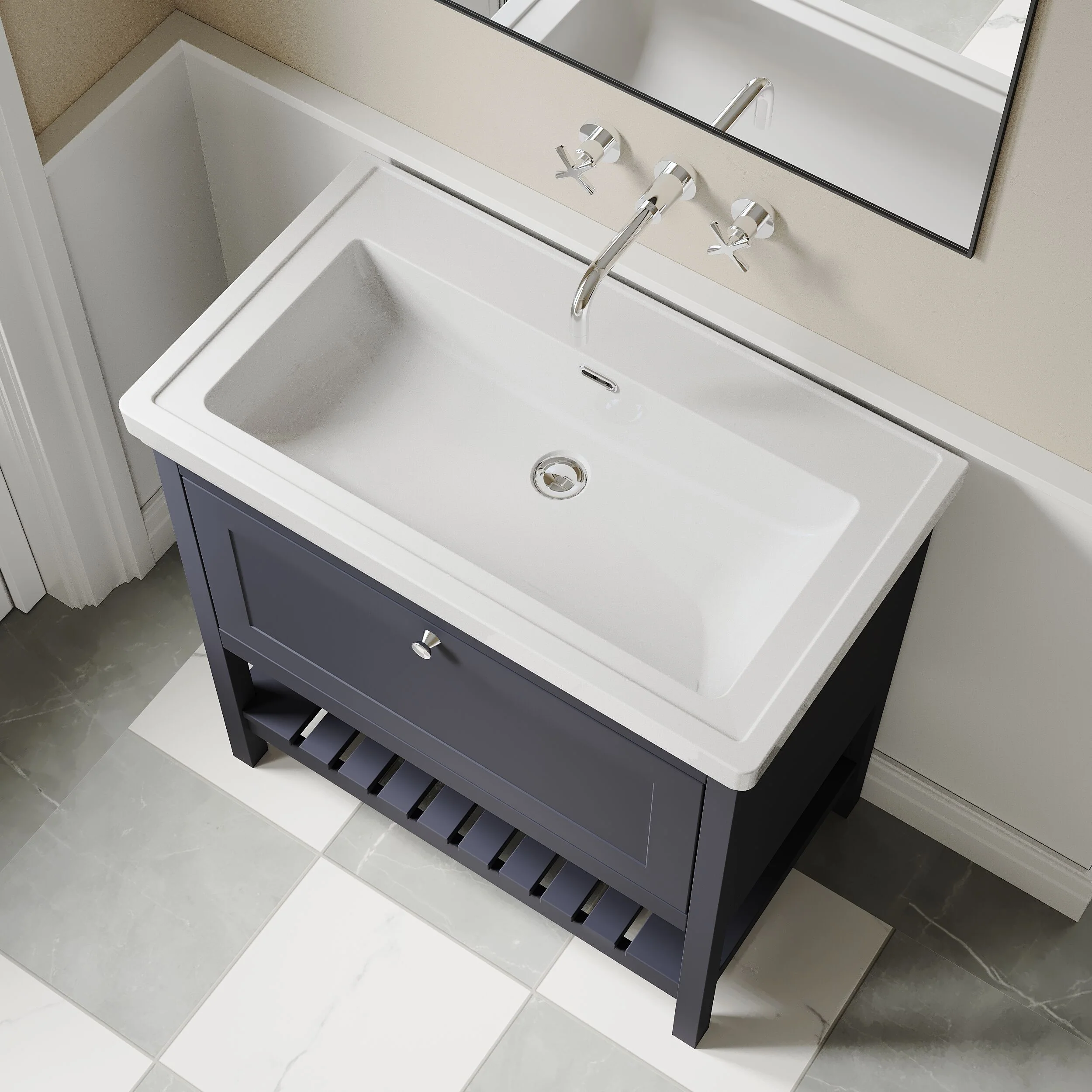 Balterley Rye Bathroom Floor Standing 1 Drawer Vanity & 0 Tap Hole Fireclay Basin, Indigo Blue, 800mm - Image 3