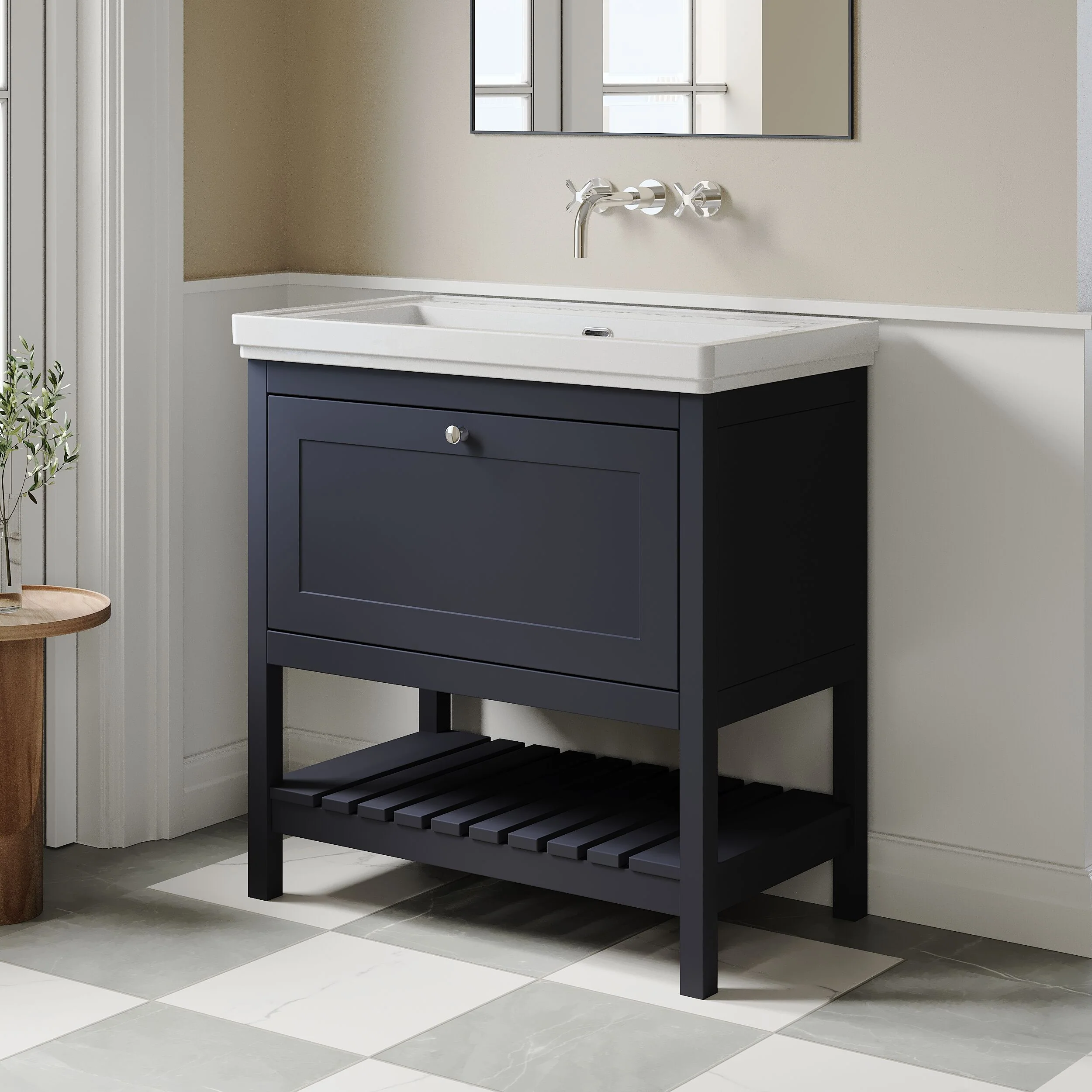 Balterley Rye Bathroom Floor Standing 1 Drawer Vanity & 0 Tap Hole Fireclay Basin, Indigo Blue, 800mm - Image 4
