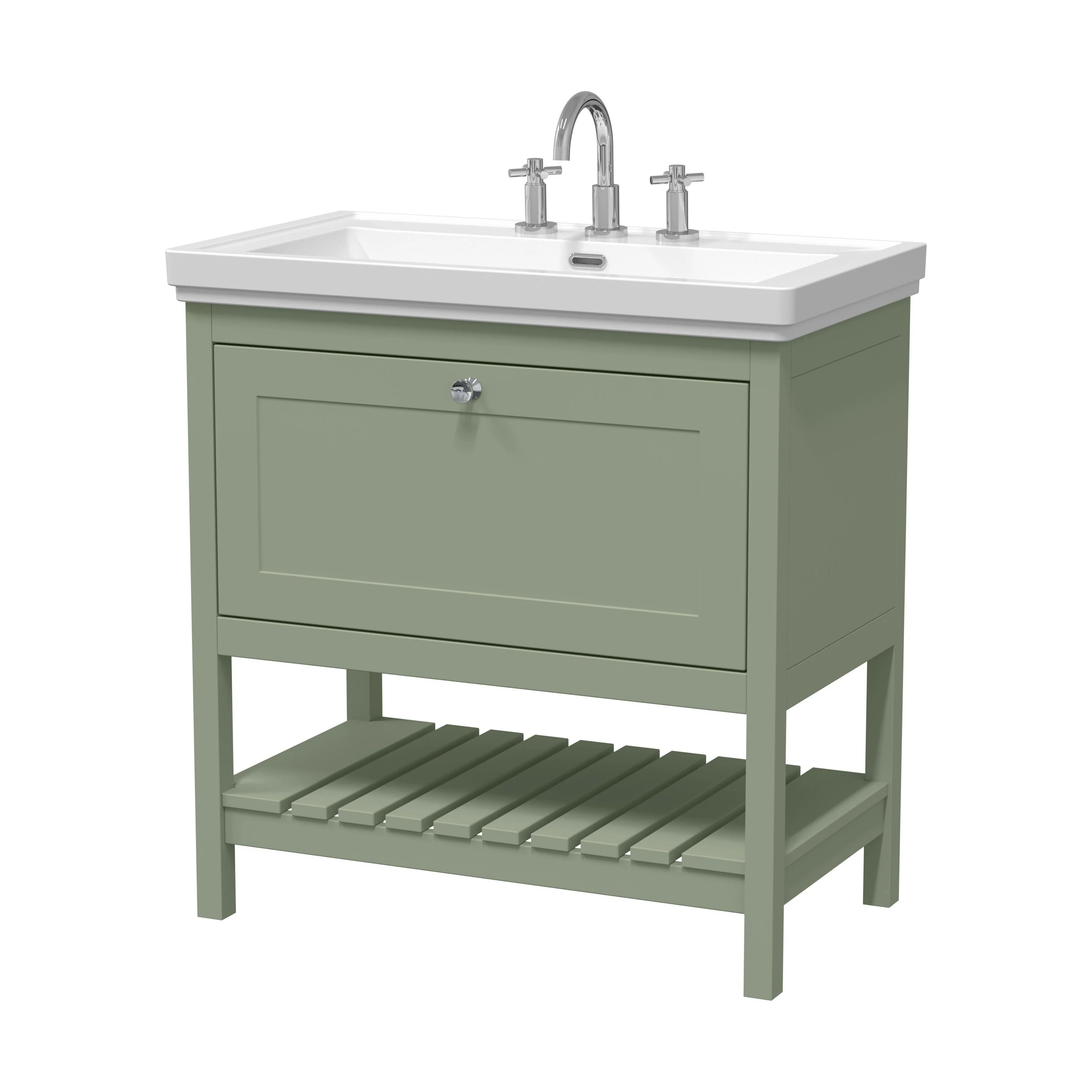 Balterley Rye Traditional Bathroom 1 Soft Close Drawer Floor Standing Vanity Unit Basin, Fern Green, 830mm