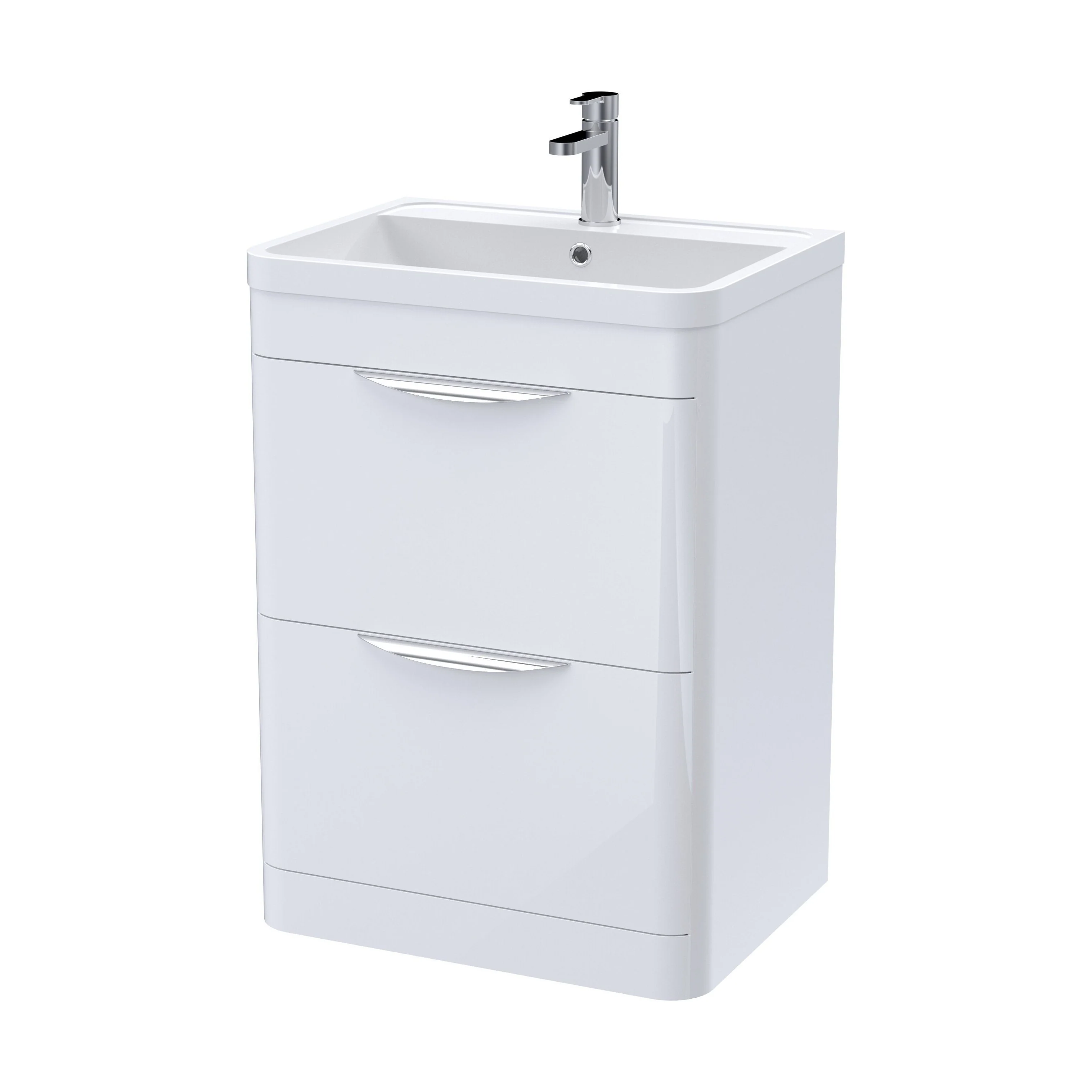 Balterley Wave Modern Bathroom Floor Standing 2 Drawer Vanity Unit Basin, Gloss White, 600mm