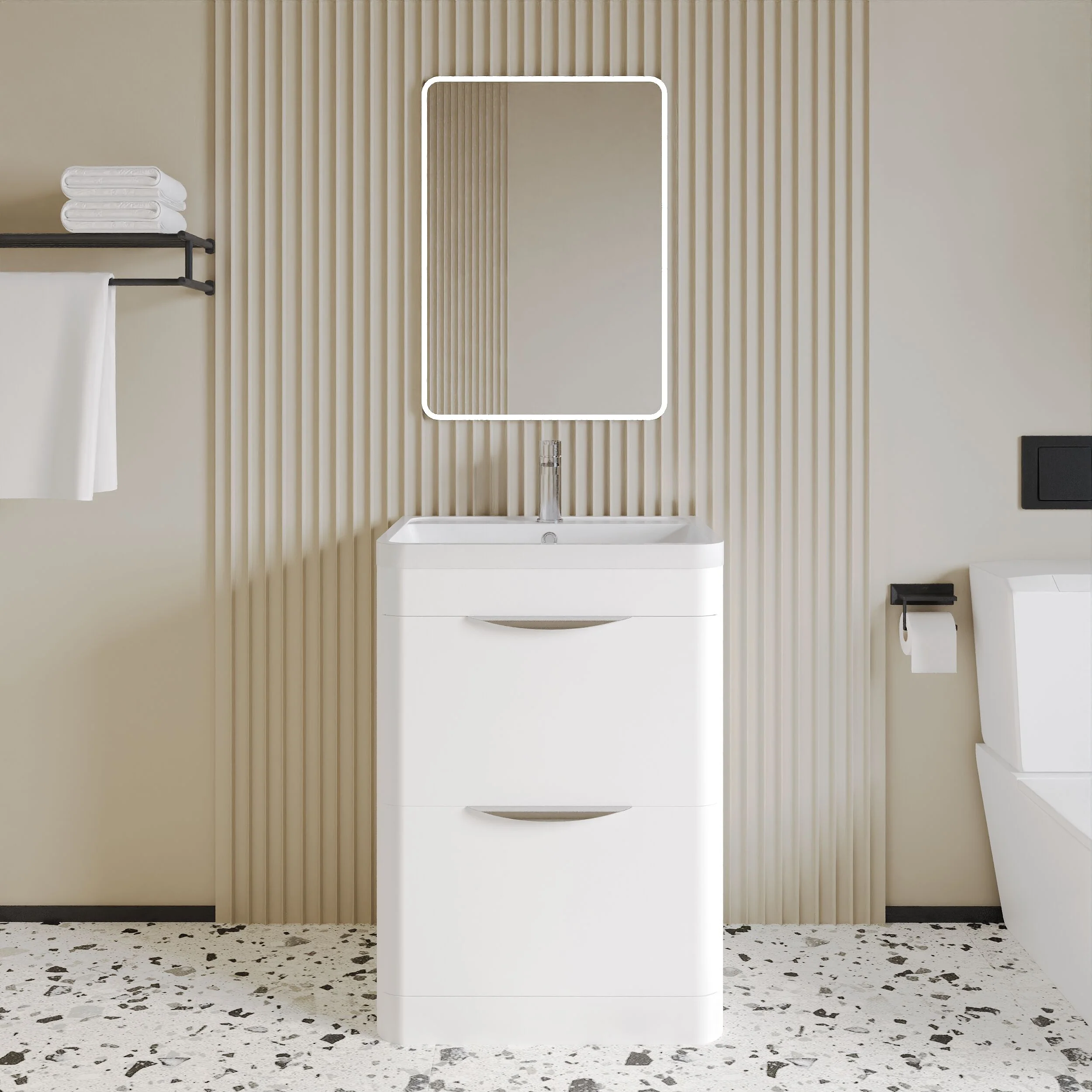 Balterley Wave Modern Bathroom Floor Standing 2 Drawer Vanity Unit Basin, Gloss White, 600mm - Image 2
