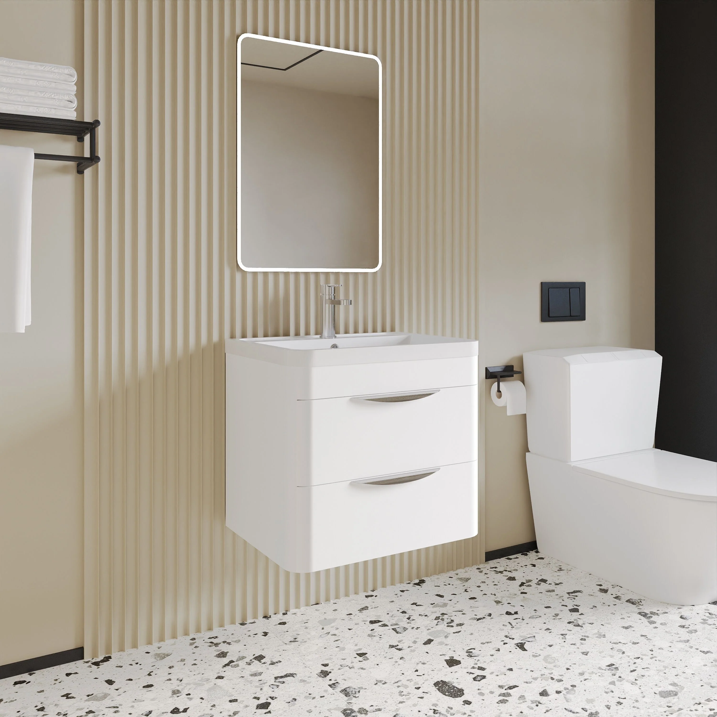 Balterley Wave Modern Bathroom Wall Hung 2 Drawer Vanity Unit Basin, Gloss White, 550mm - Image 3